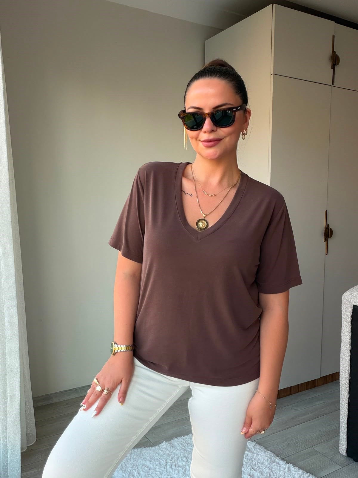 690 V Yakalı Modal Tshirt KAHVE