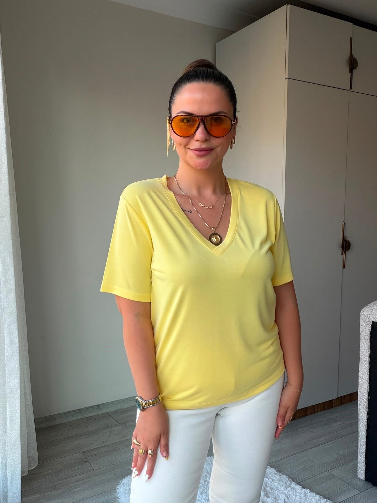 690 V Yakalı Modal Tshirt SARI