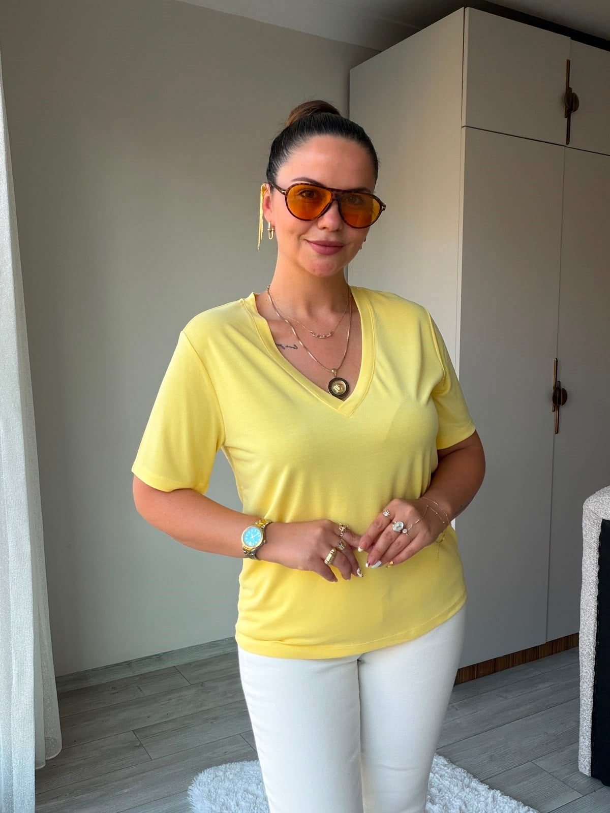 690 V Yakalı Modal Tshirt SARI