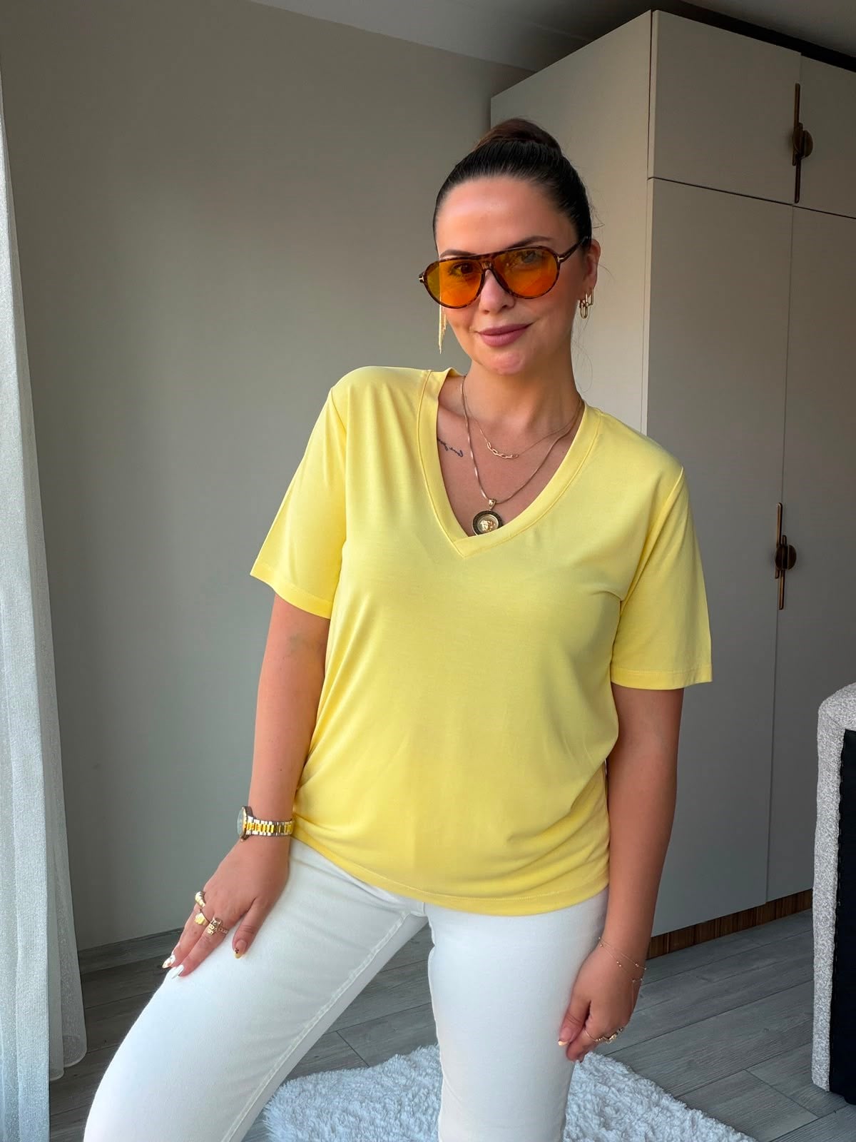 690 V Yakalı Modal Tshirt SARI