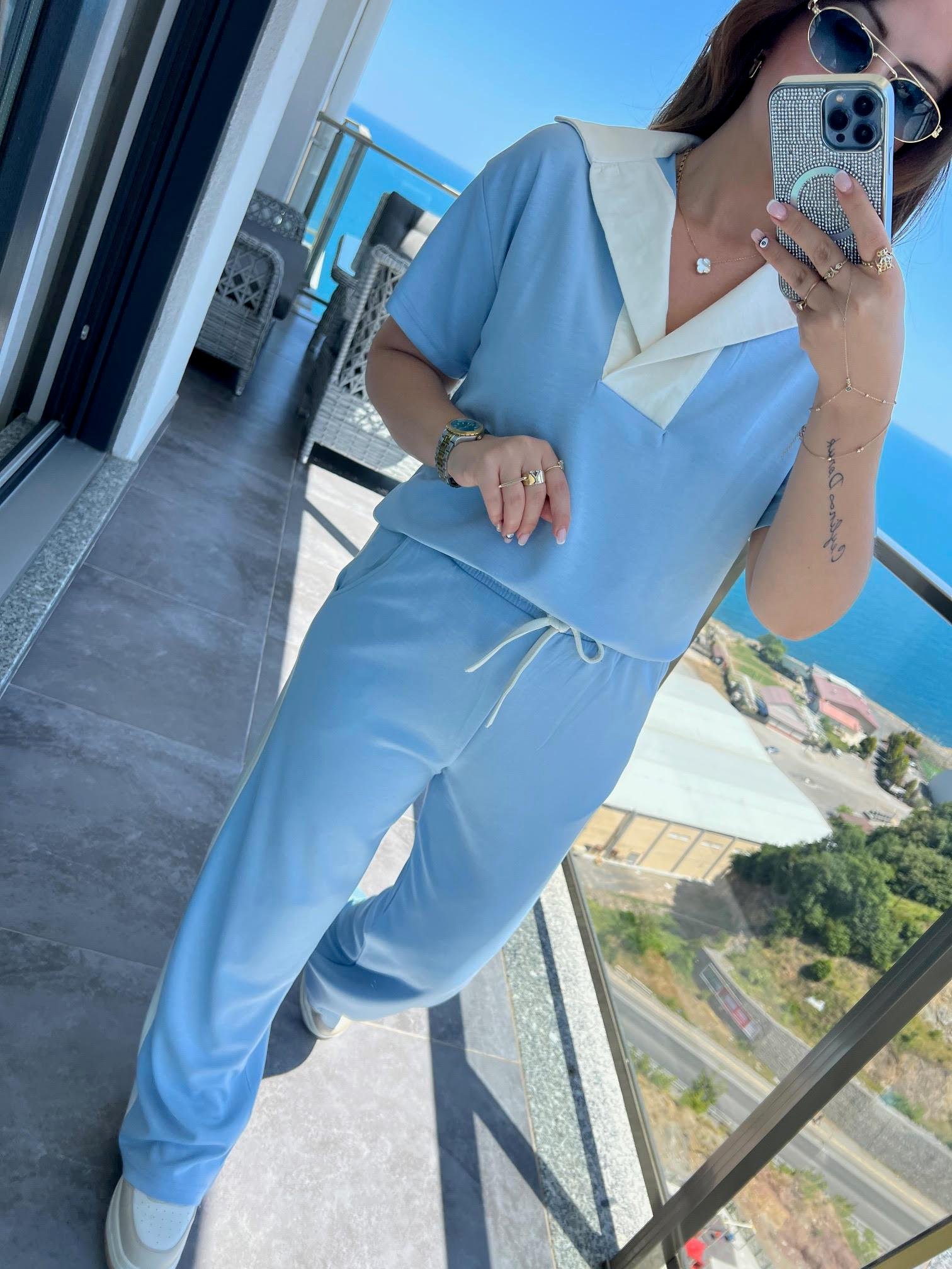 6953 Açık Yaka Garnili Takım BEBE MAVİ