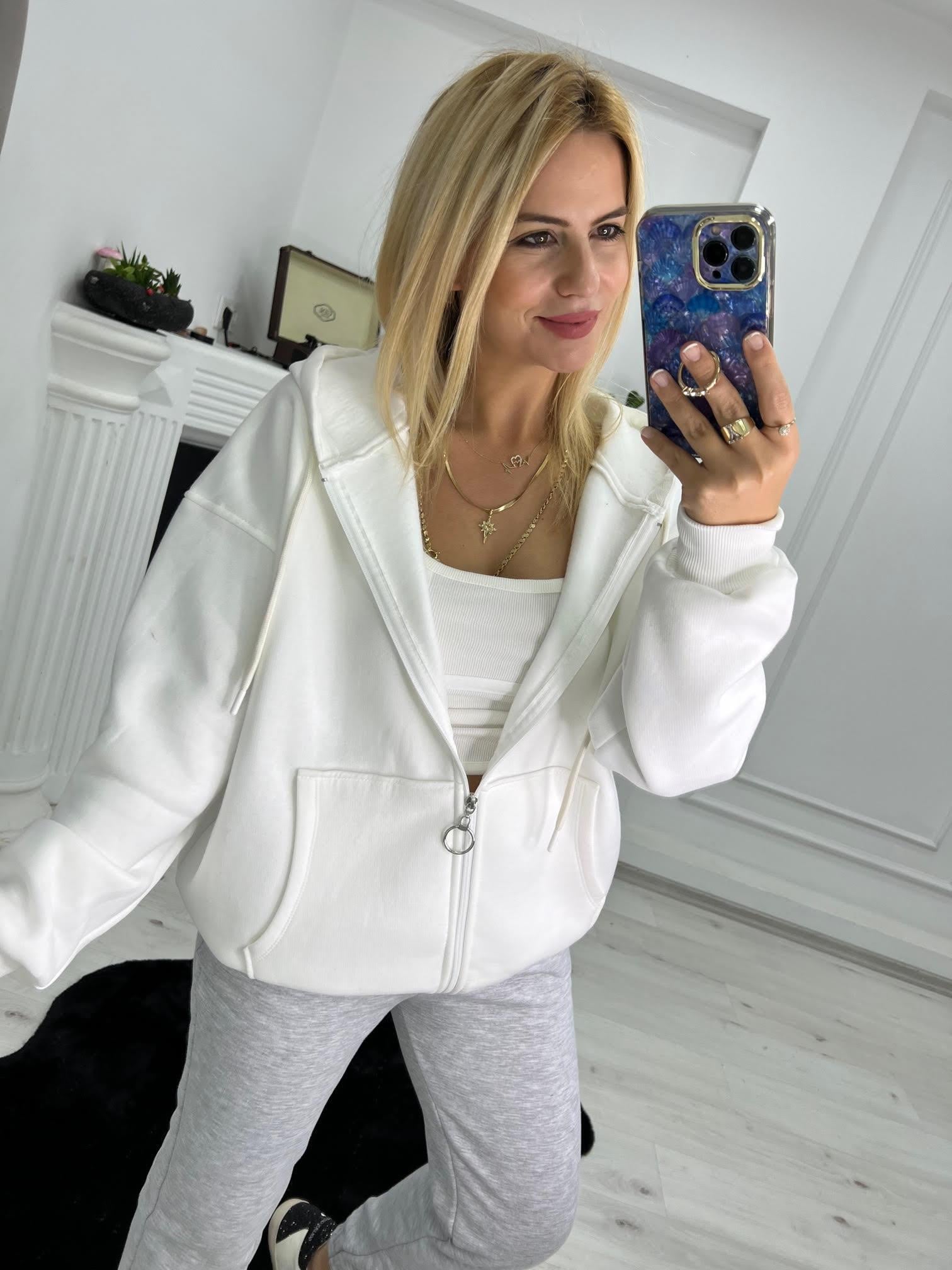 7024 Kangru Cepli Fermuarlı Sweat BEYAZ