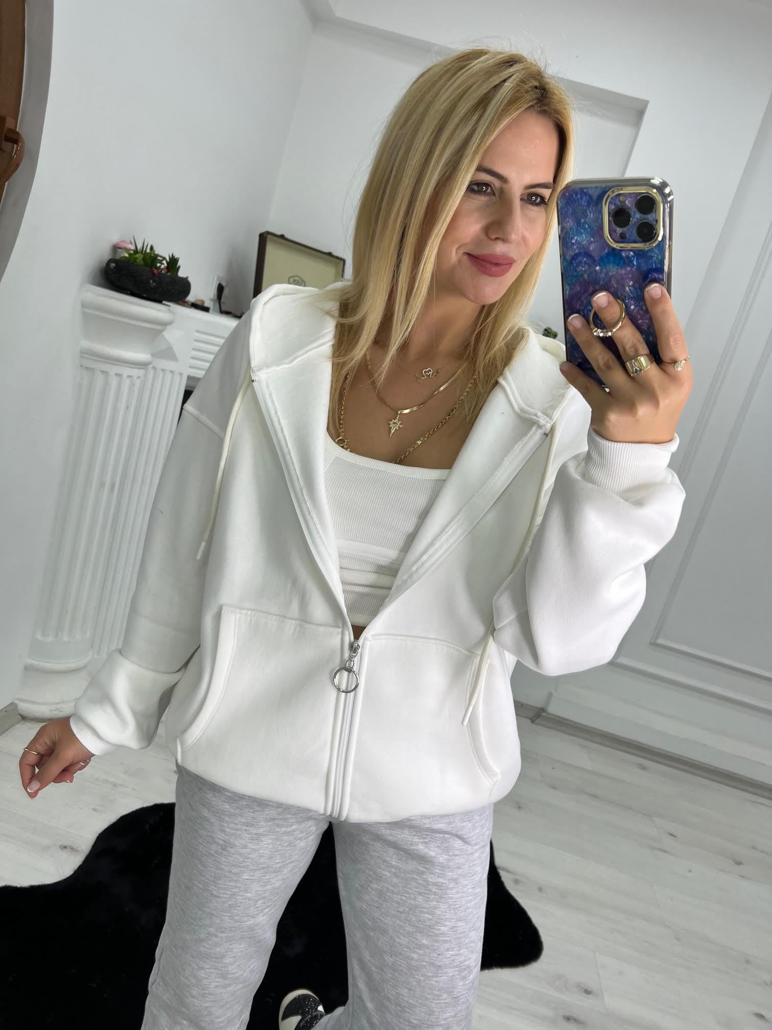 7024 Kangru Cepli Fermuarlı Sweat BEYAZ