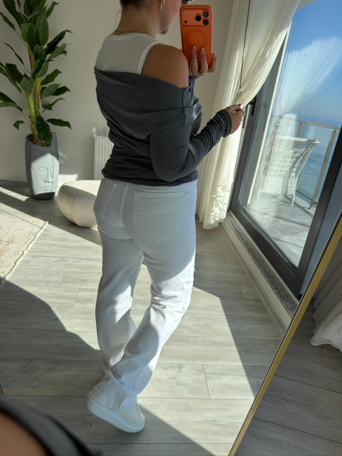 7026 Dikişli Paça Relax Jean BEYAZ