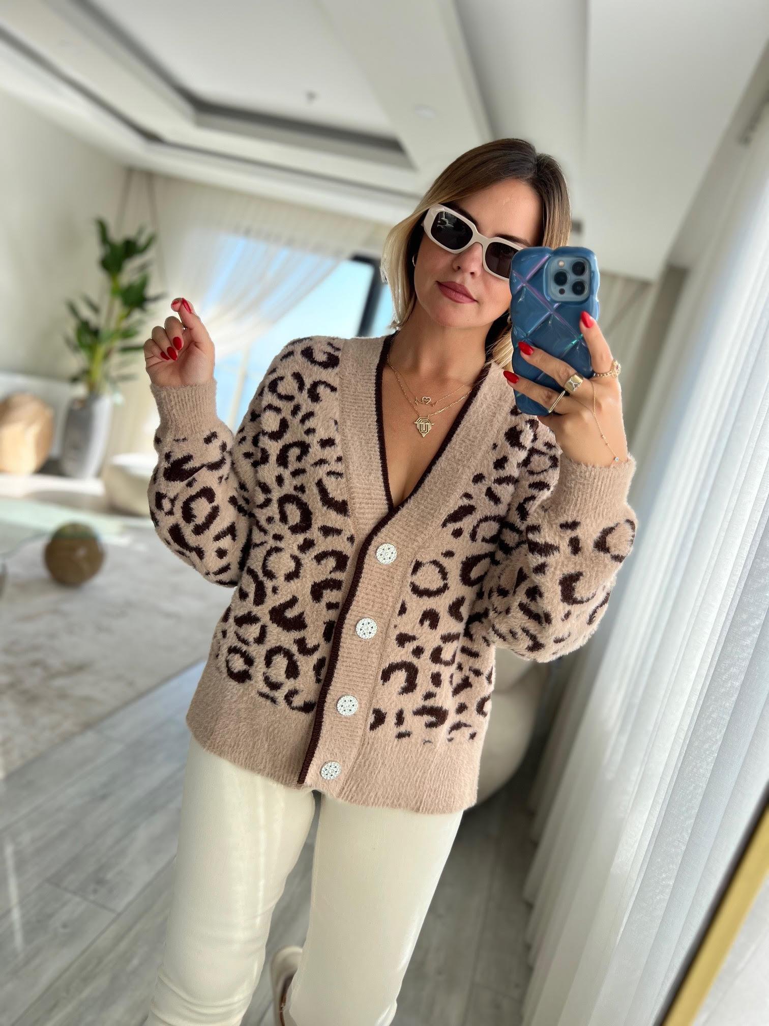 7588 Angora Leopar Desenli Hırka BİSKÜVİ