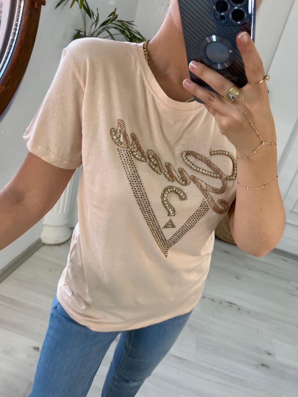 7596 Boncuk İşlemeli Tshirt BEJ