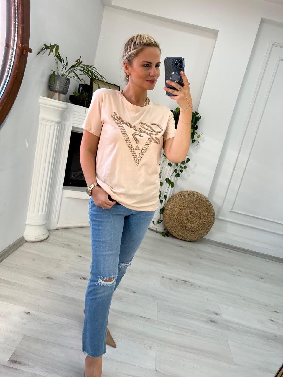7596 Boncuk İşlemeli Tshirt BEJ