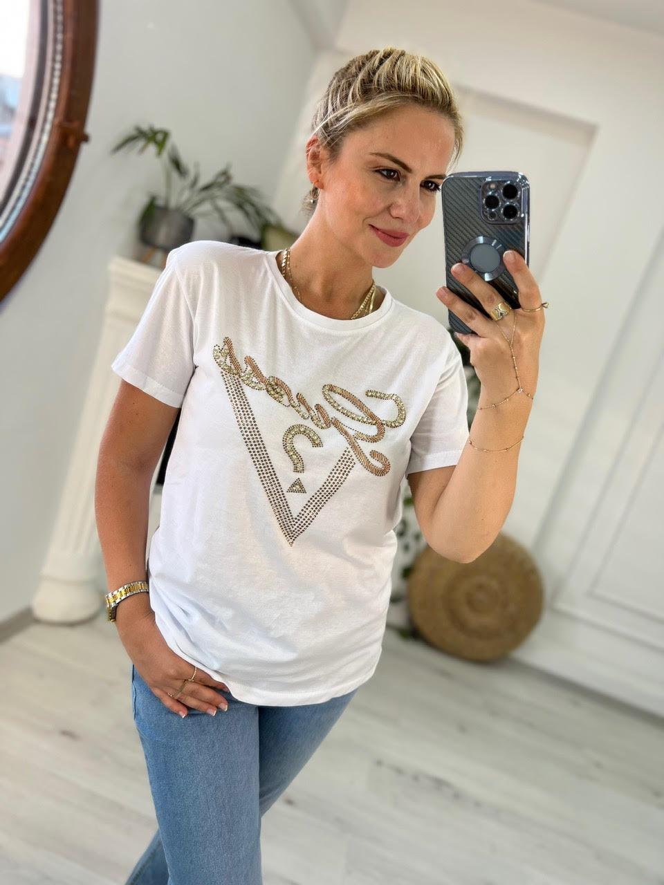 7596 Boncuk İşlemeli Tshirt BEYAZ