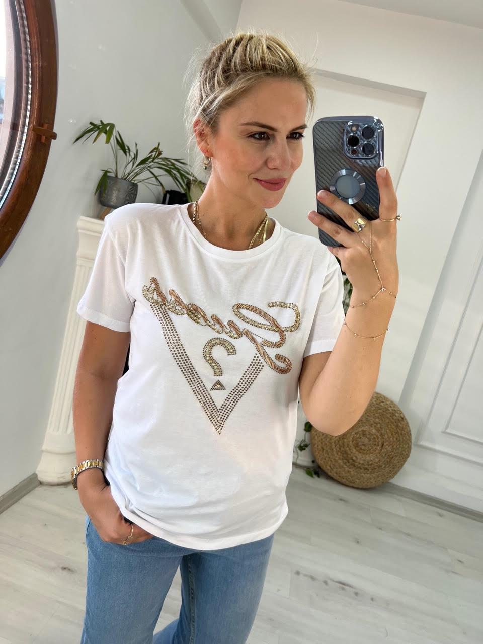 7596 Boncuk İşlemeli Tshirt BEYAZ