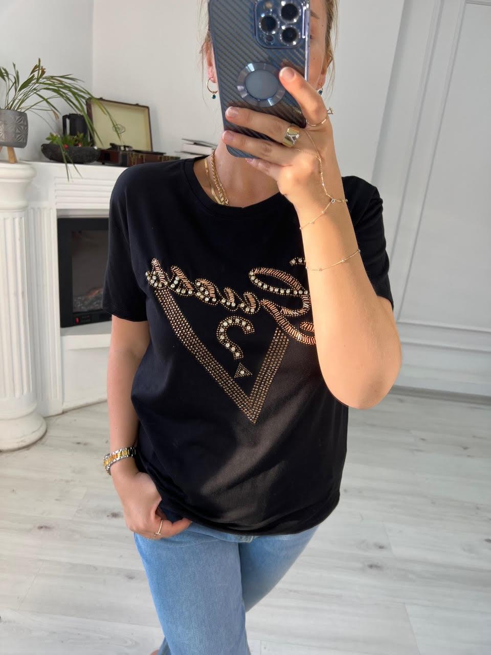 7596 Boncuk İşlemeli Tshirt SİYAH