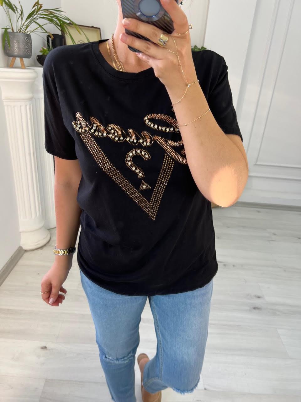 7596 Boncuk İşlemeli Tshirt SİYAH