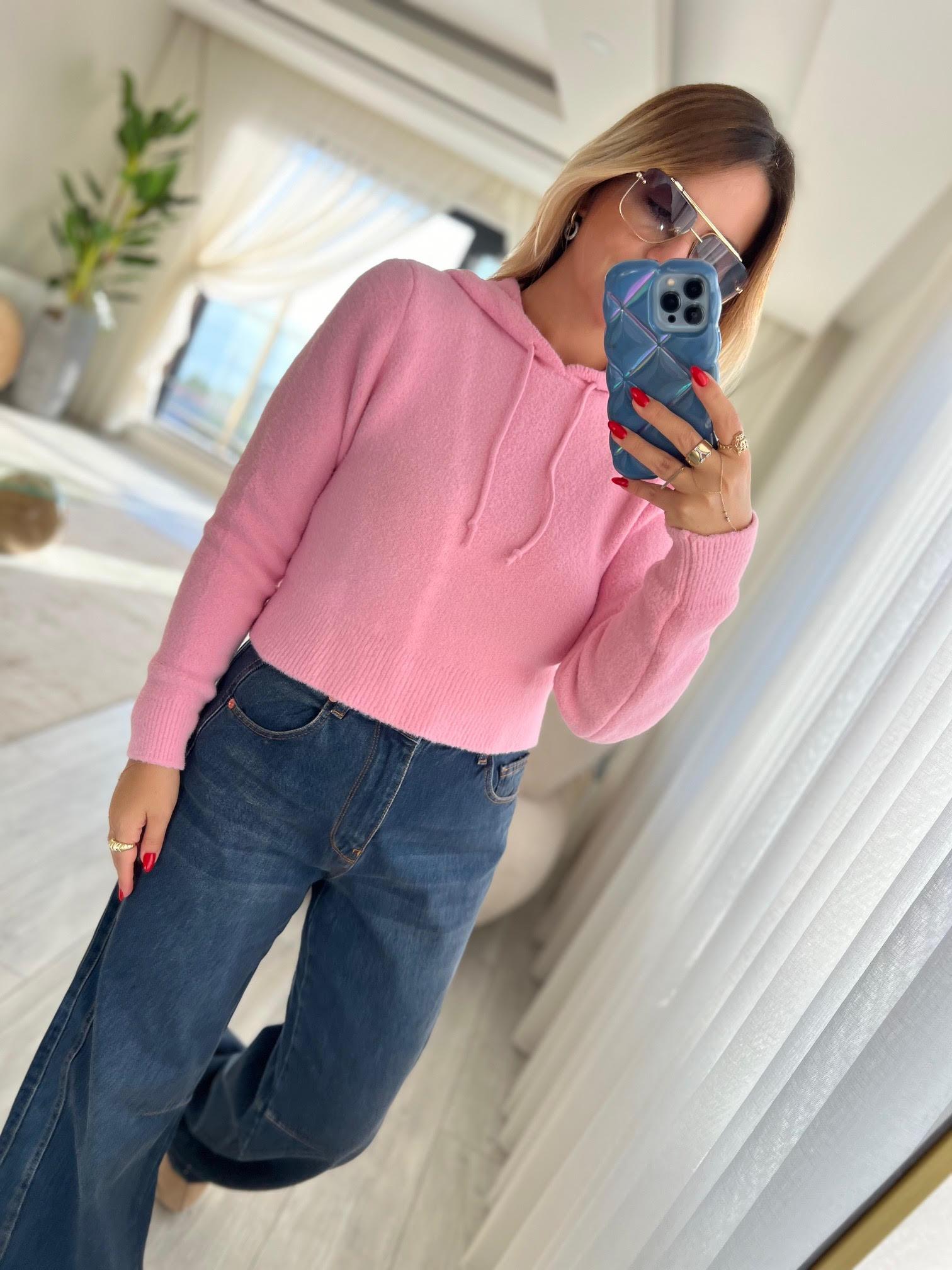 7600 Angora Kapüşonlu Kazak PEMBE