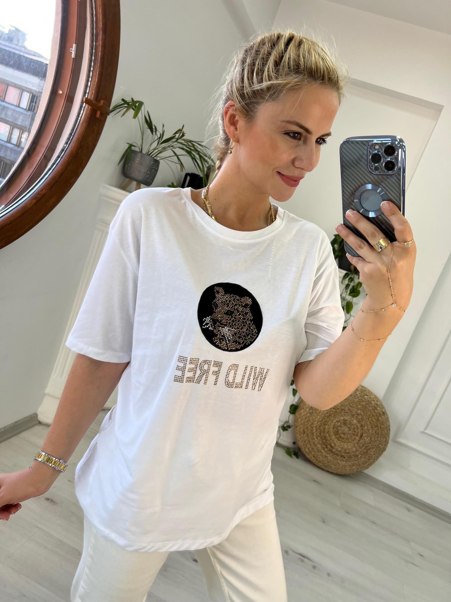 7625 Aslan Baskılı Tshirt BEYAZ