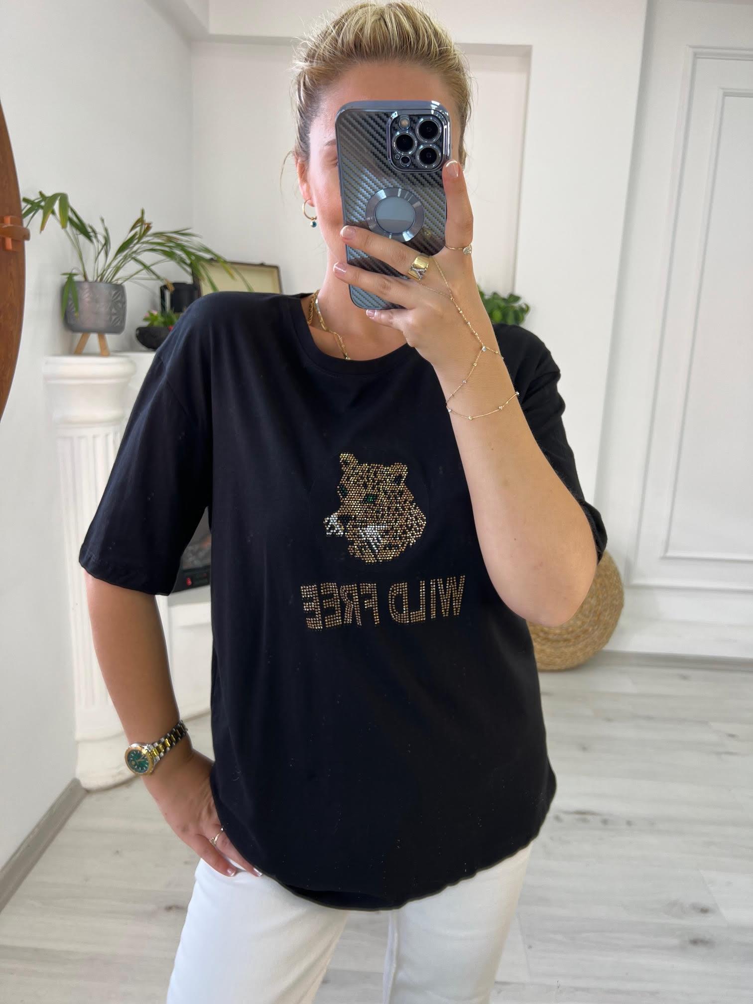7625 Aslan Baskılı Tshirt SİYAH