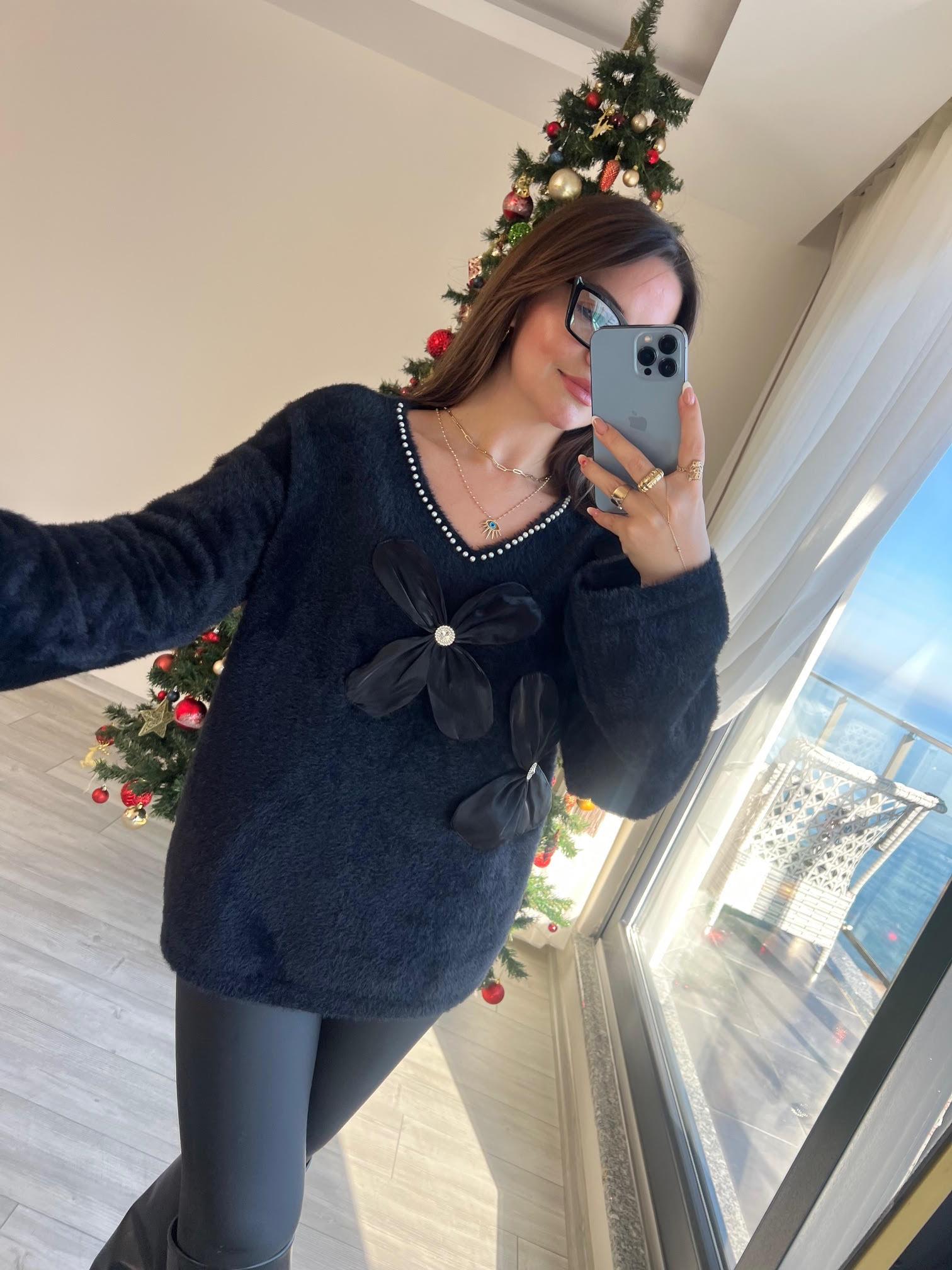 7657 Angora İncili Papatyalı Kazak SİYAH