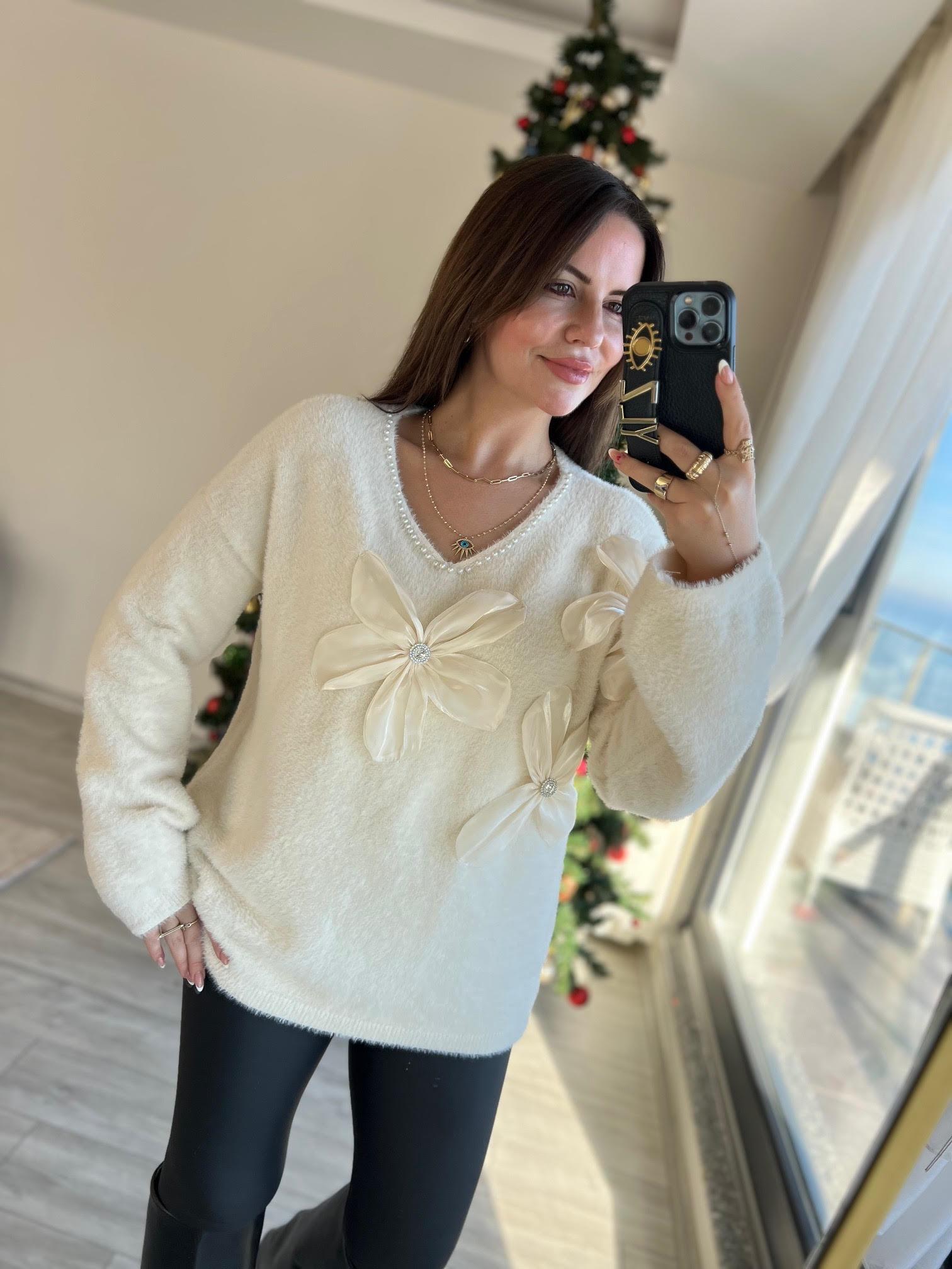 7657 Angora İncili Papatyalı Kazak VANİLYA