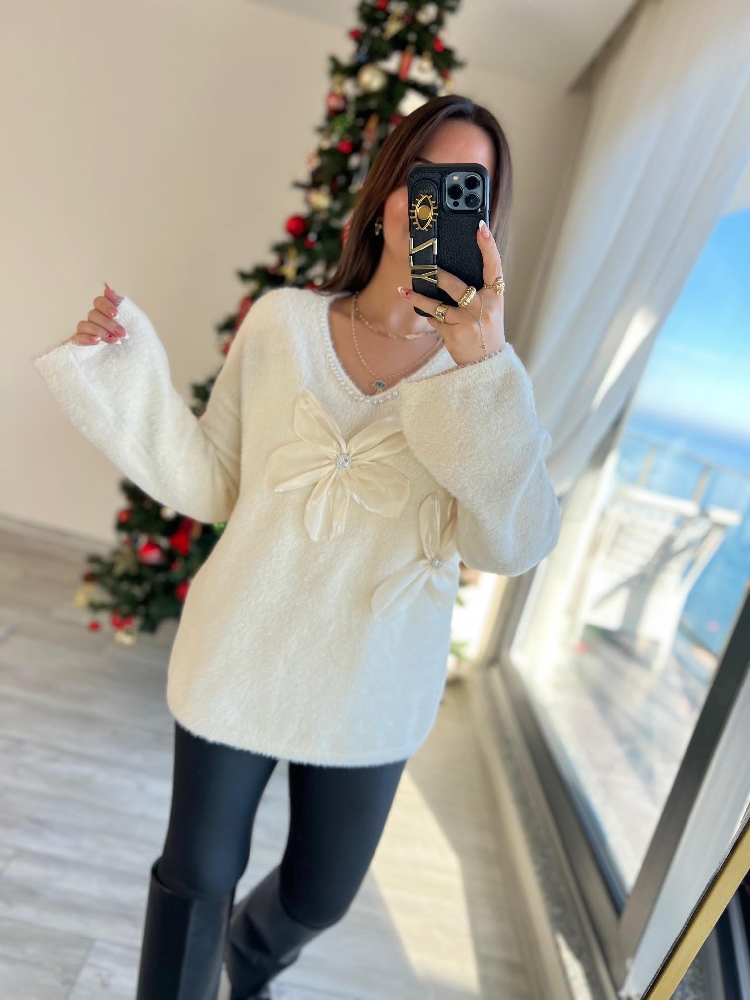 7657 Angora İncili Papatyalı Kazak VANİLYA
