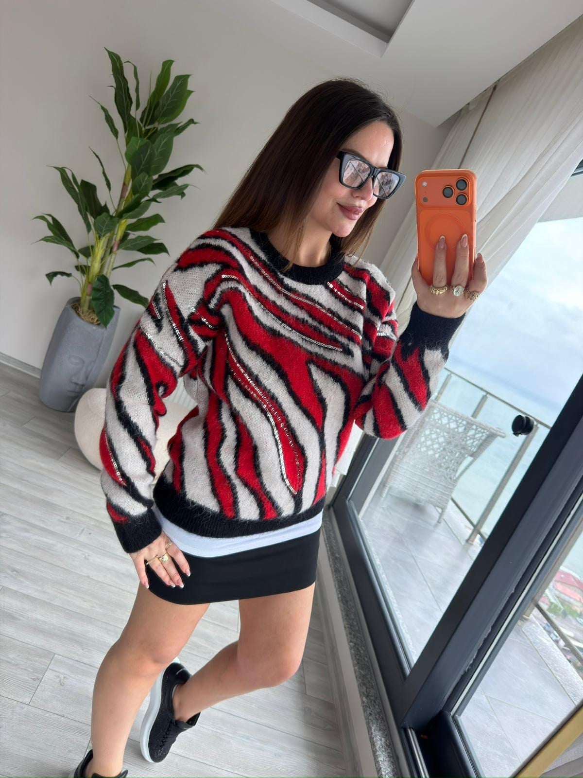 7807 Zebra Desen Pullu Kazak KIRMIZI
