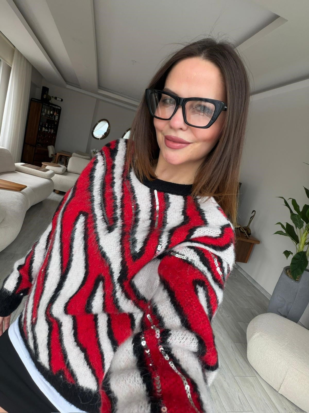 7807 Zebra Desen Pullu Kazak KIRMIZI