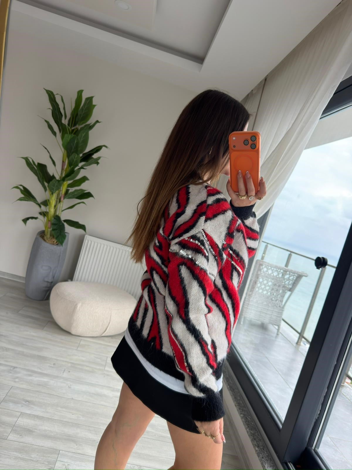 7807 Zebra Desen Pullu Kazak KIRMIZI