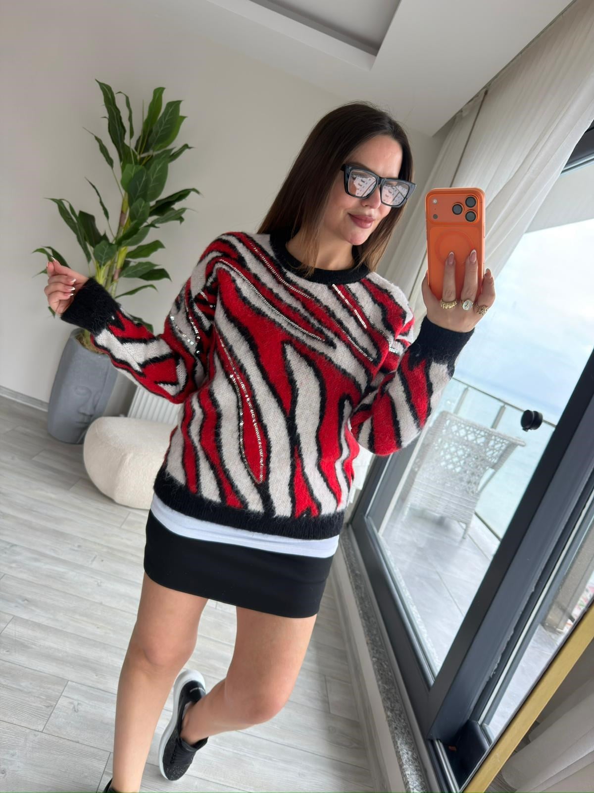 7807 Zebra Desen Pullu Kazak KIRMIZI