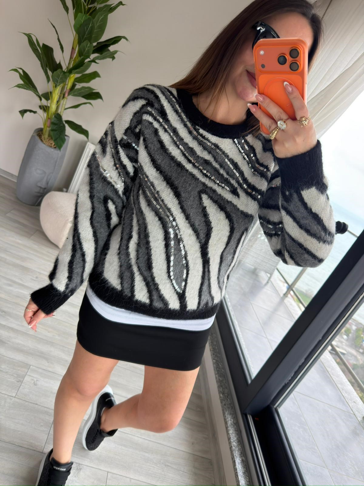 7807 Zebra Desen Pullu Kazak SİYAH