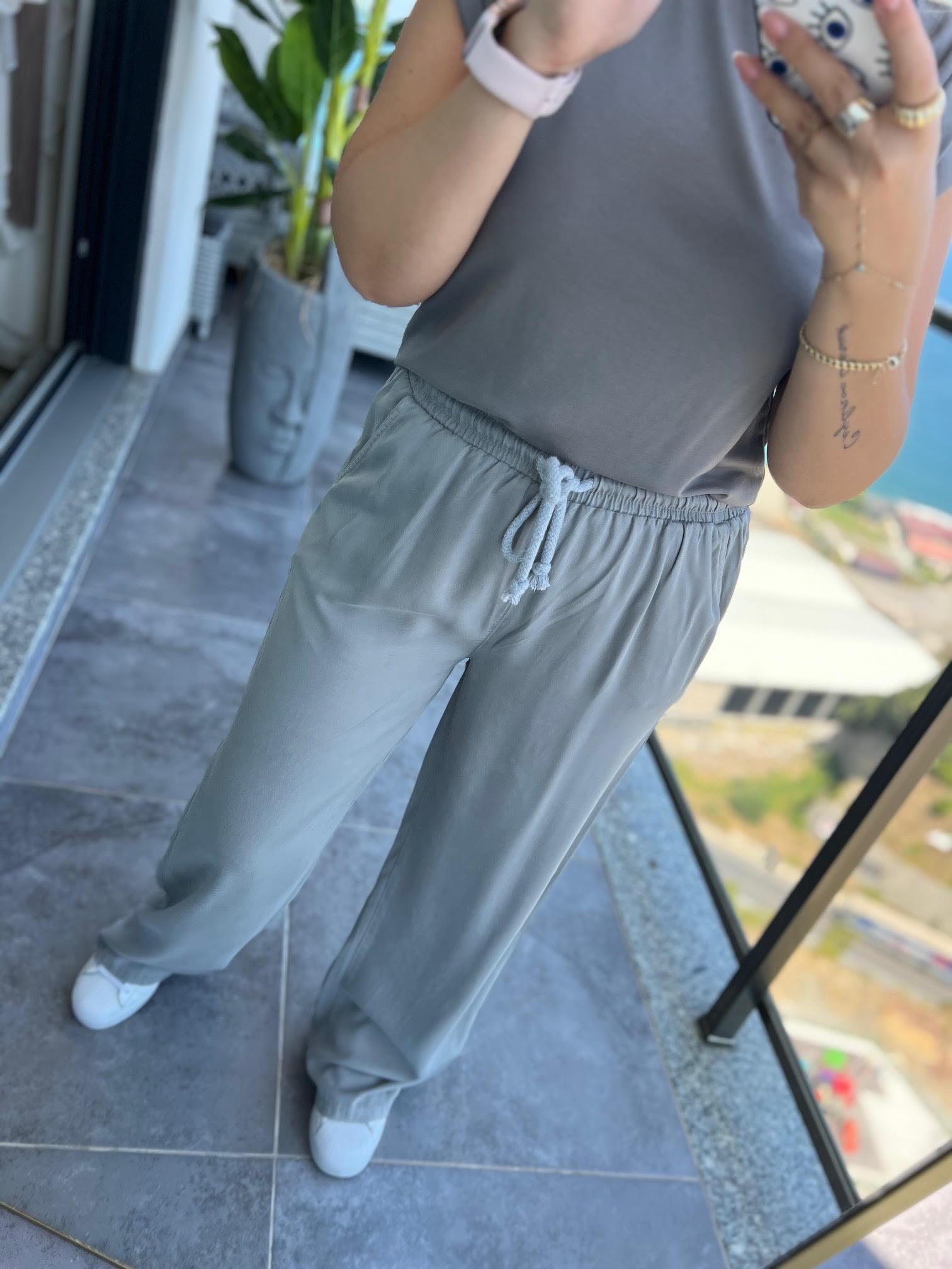 8033 Bol Paça Tencel Pantolon GRİ