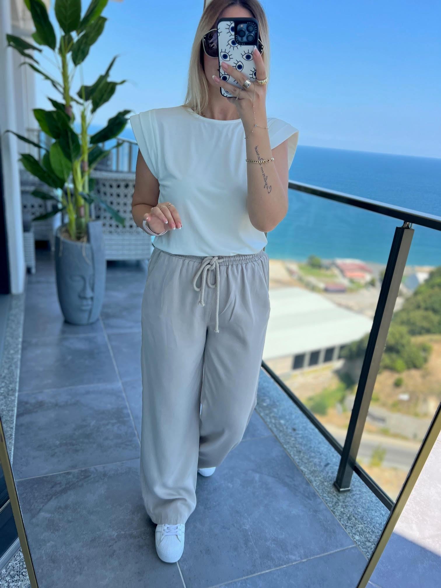 8033 Bol Paça Tencel Pantolon TAŞ