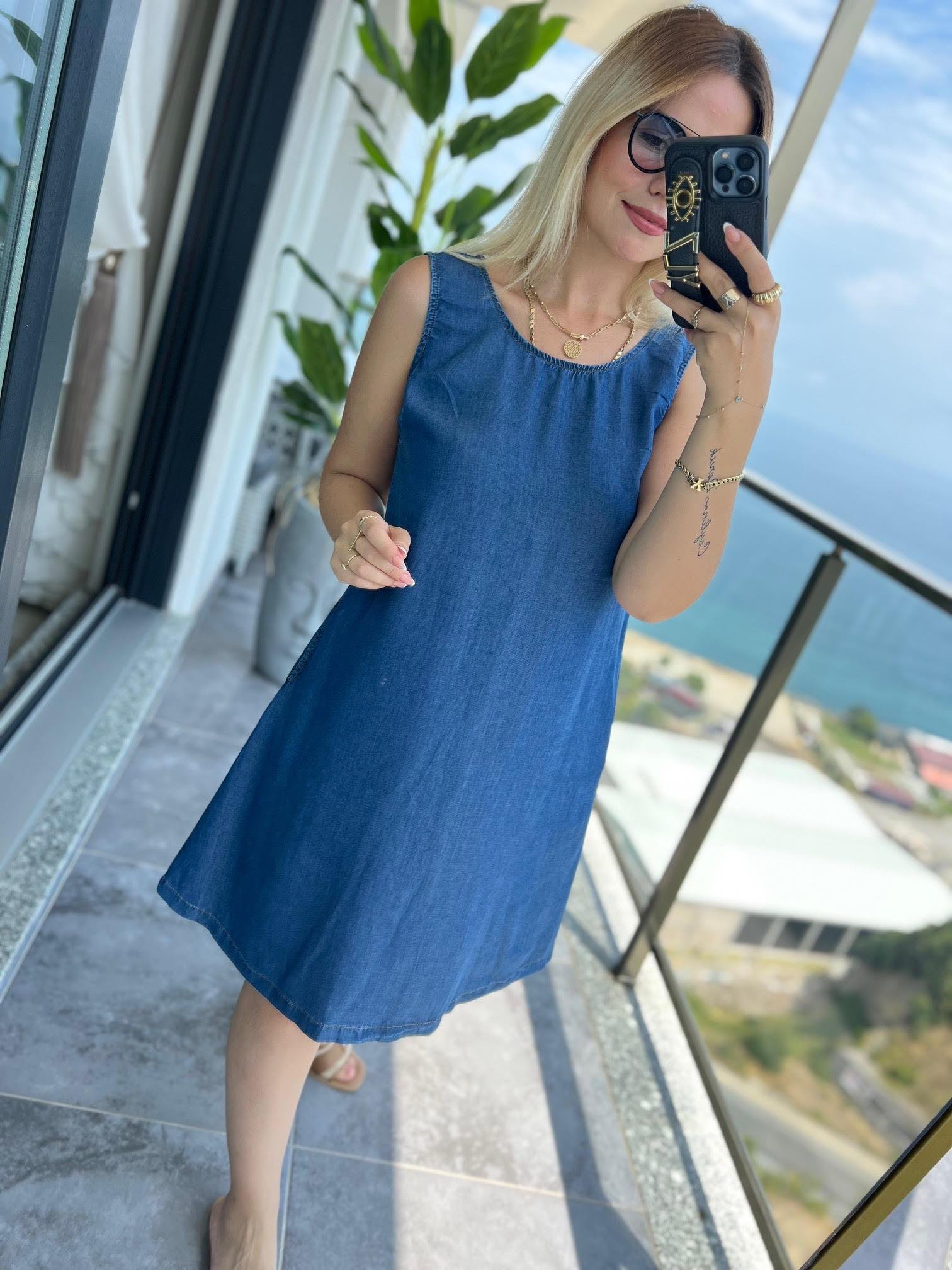 8036 Tencel Çan Kot Elbise LACİVERT