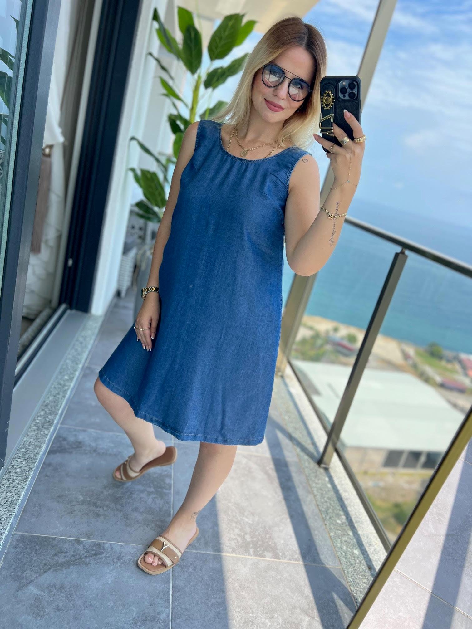 8036 Tencel Çan Kot Elbise LACİVERT