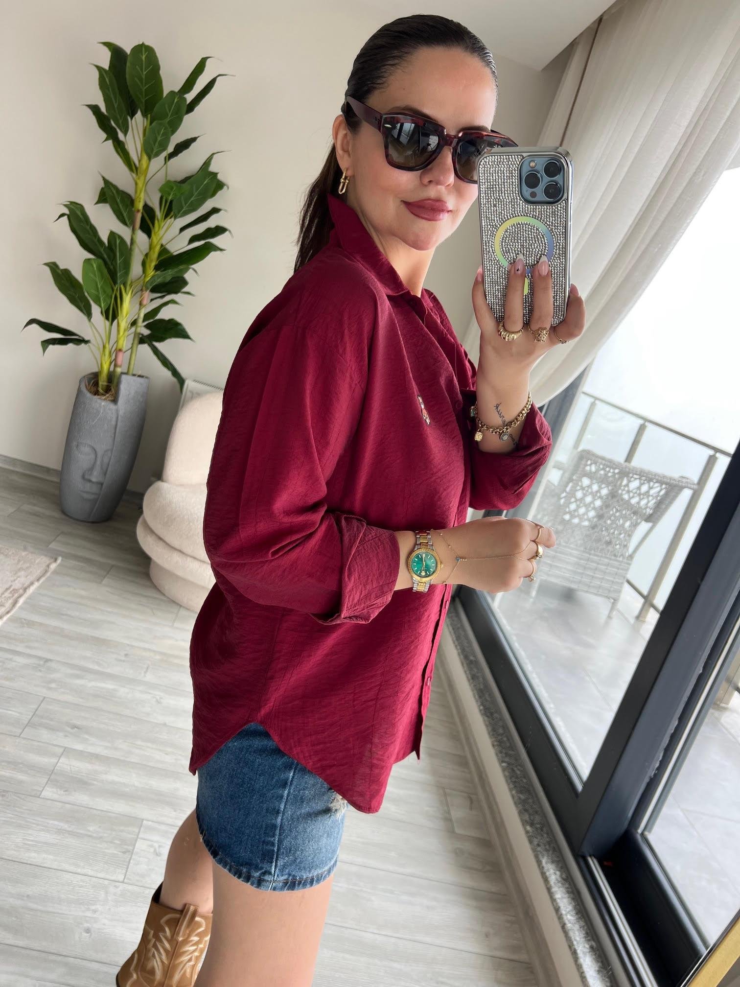 8047 Ayıcık İşlemeli Gömlek BORDO