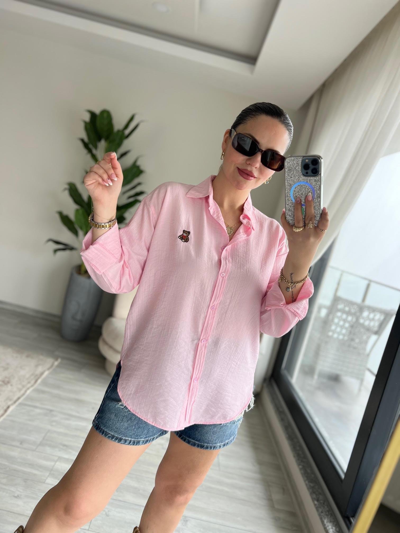 8047 Ayıcık İşlemeli Gömlek PEMBE