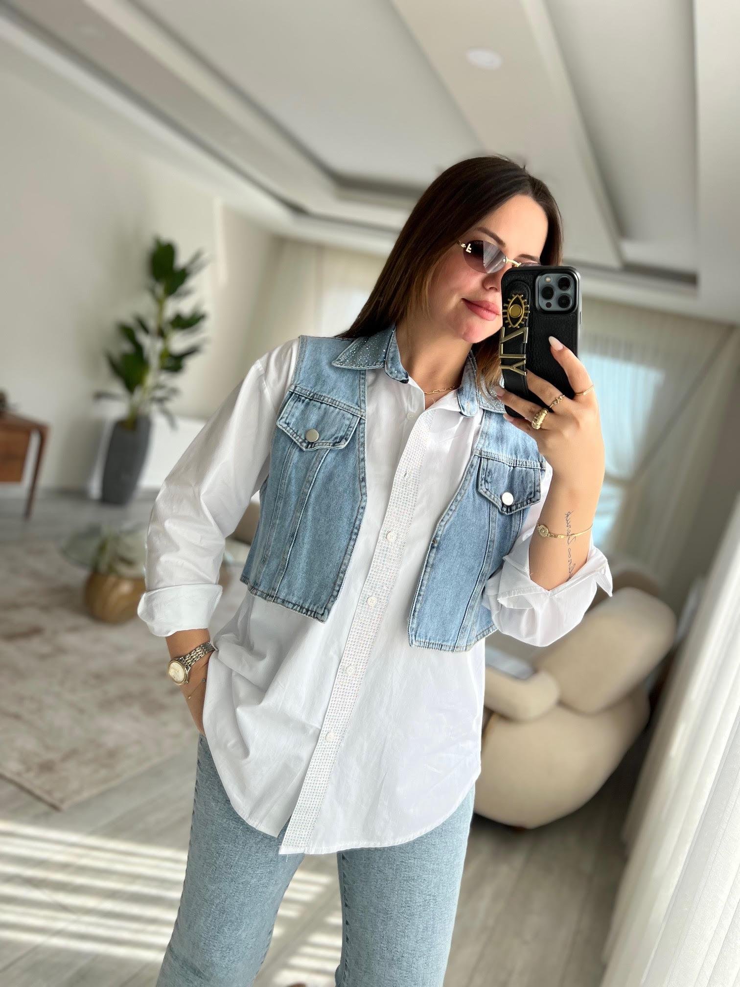 8054 Yelek Detay Taşlı Gömlek BEYAZ