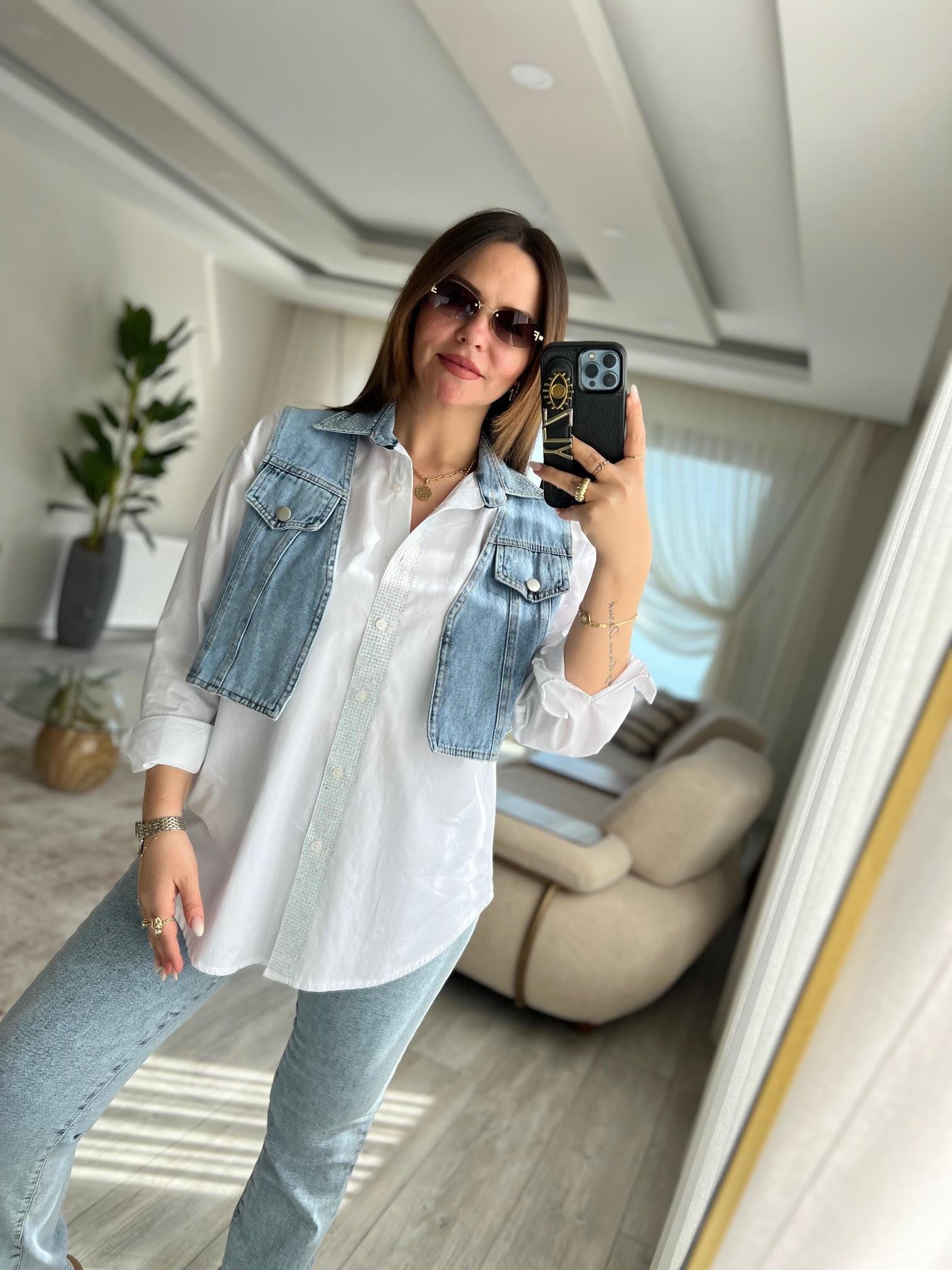 8054 Yelek Detay Taşlı Gömlek BEYAZ