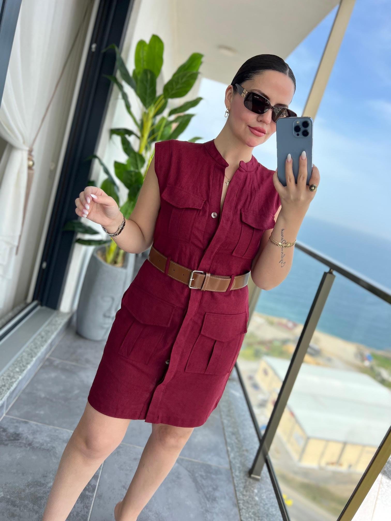 8100 Keten Safari Elbise BORDO