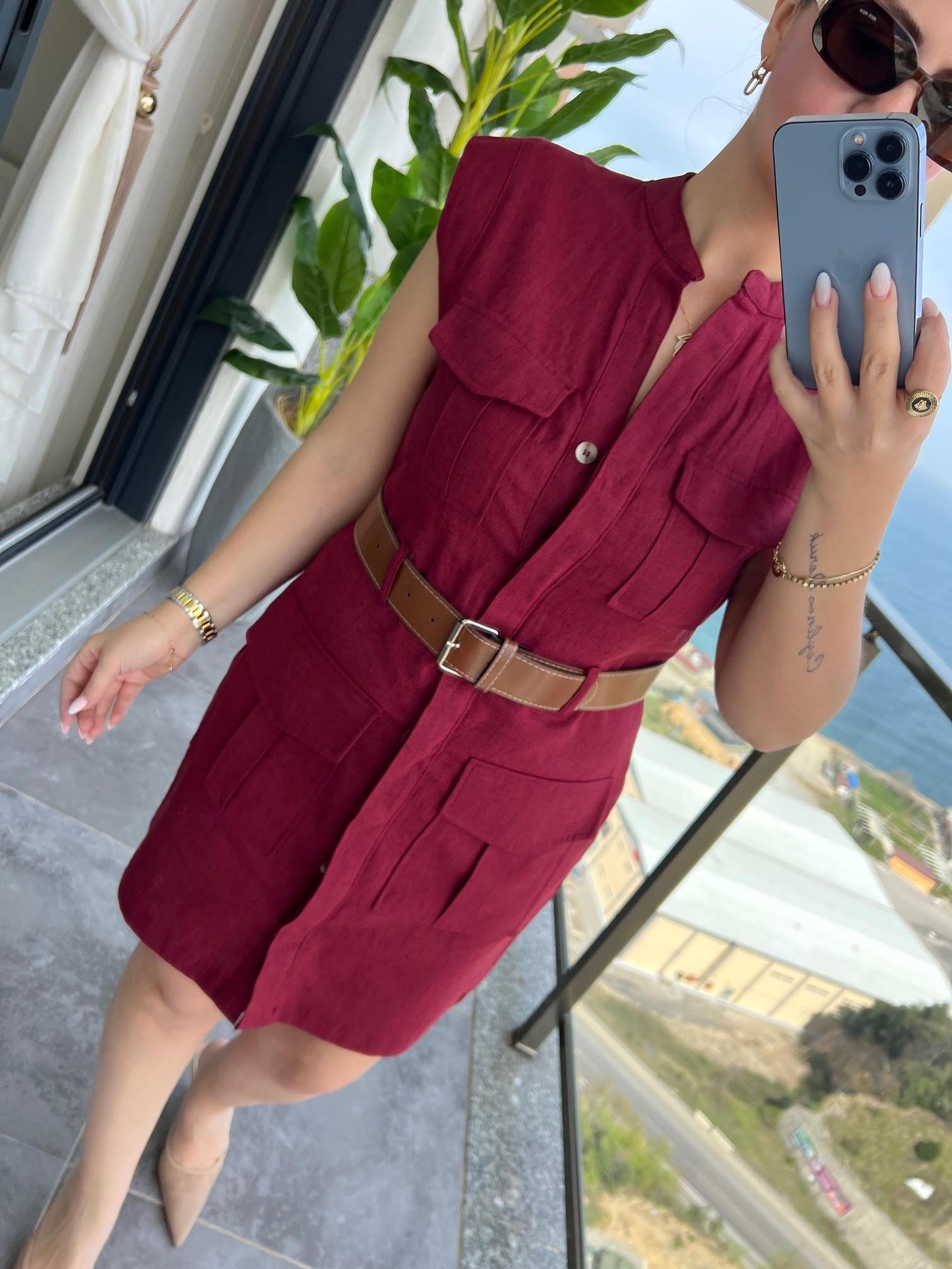 8100 Keten Safari Elbise BORDO
