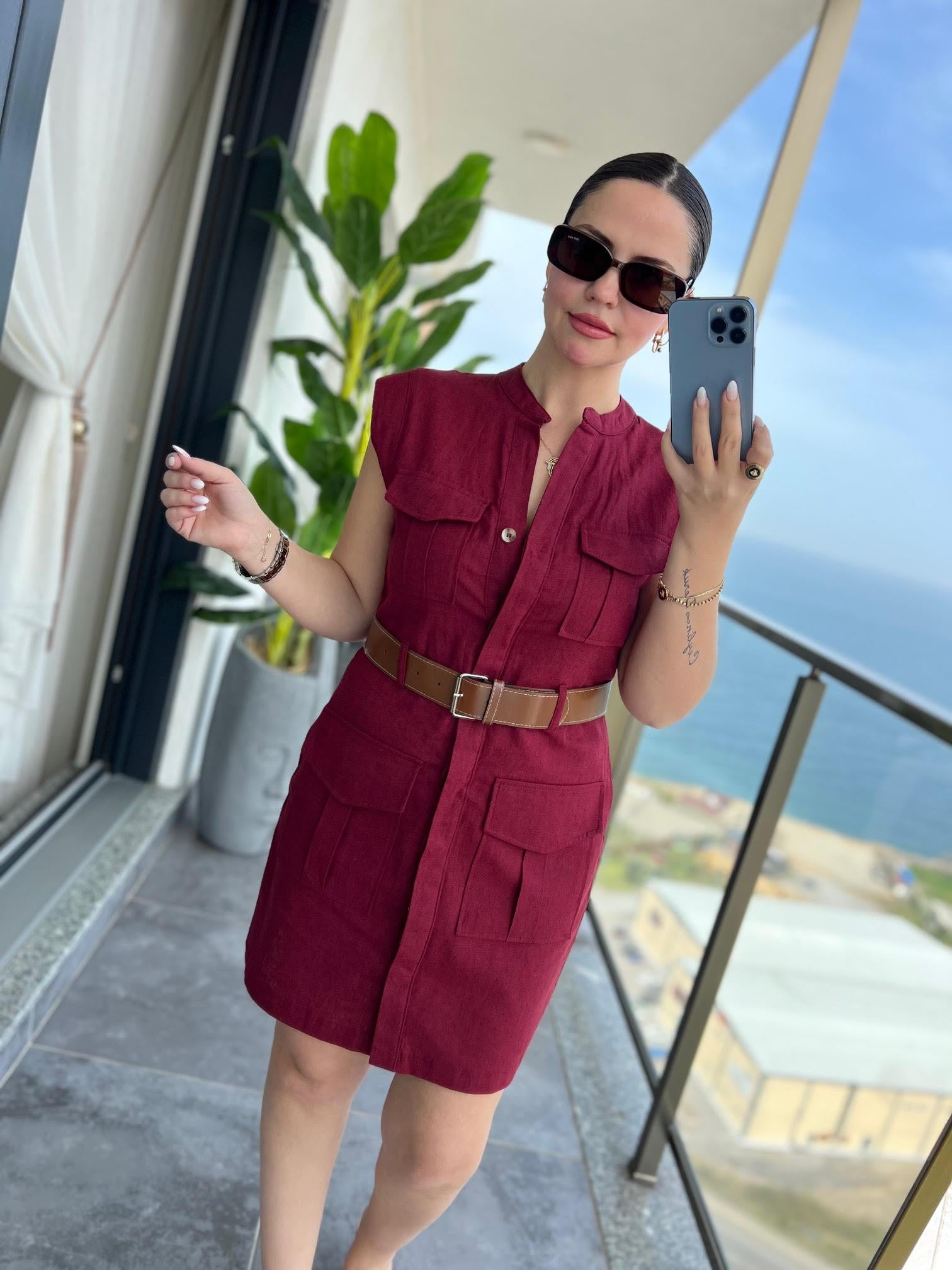 8100 Keten Safari Elbise BORDO