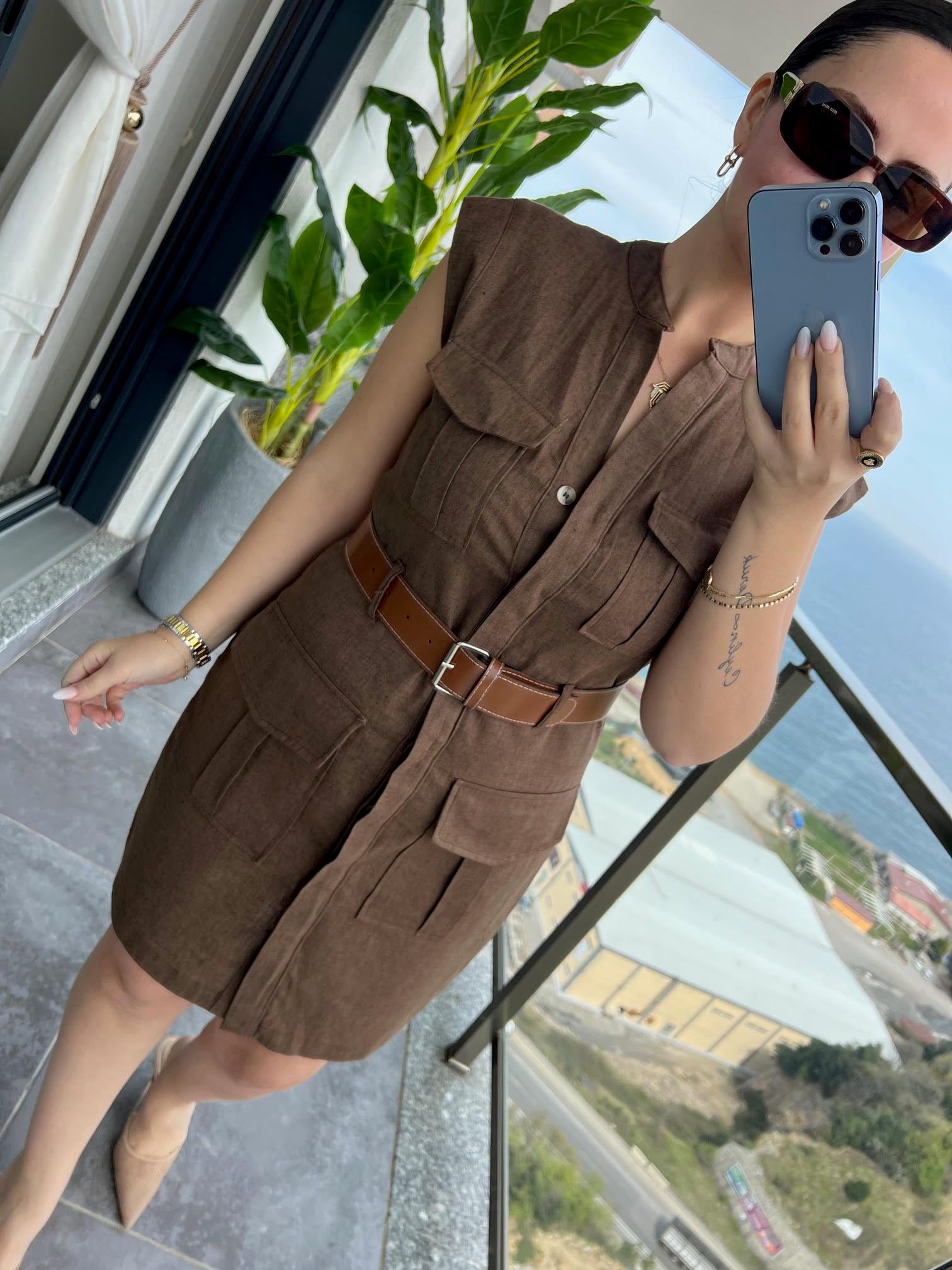8100 Keten Safari Elbise KAHVE