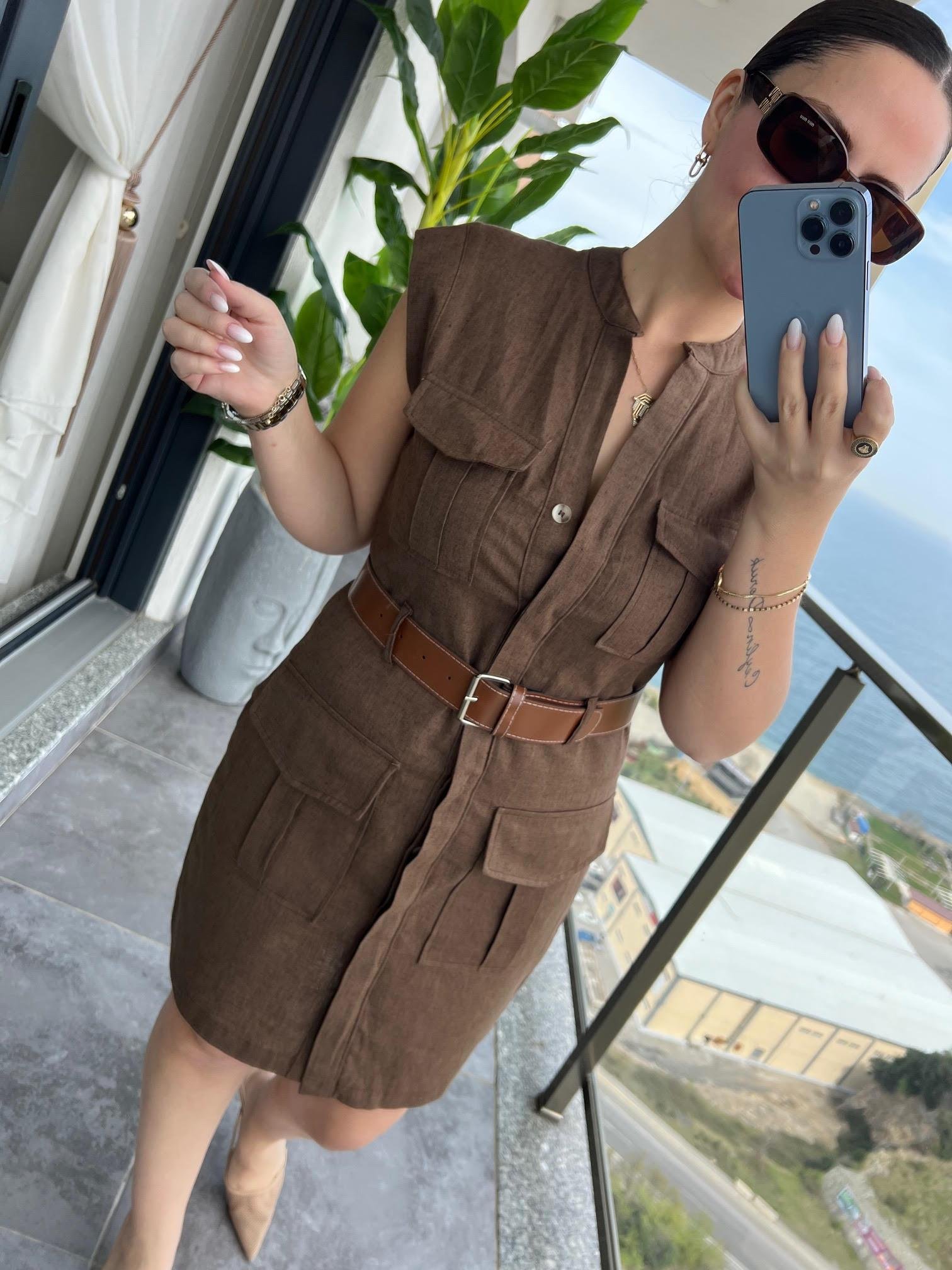 8100 Keten Safari Elbise KAHVE