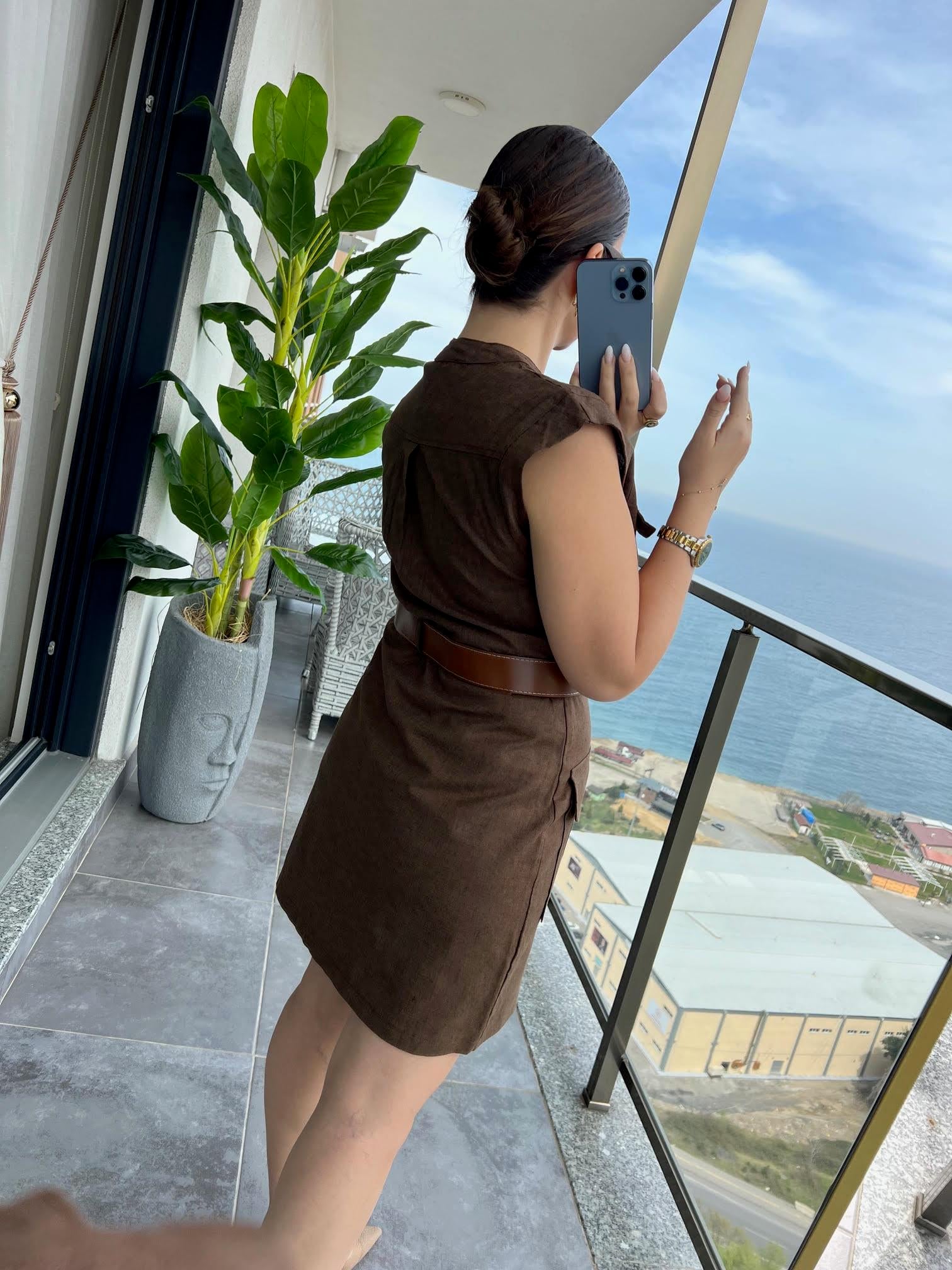 8100 Keten Safari Elbise KAHVE