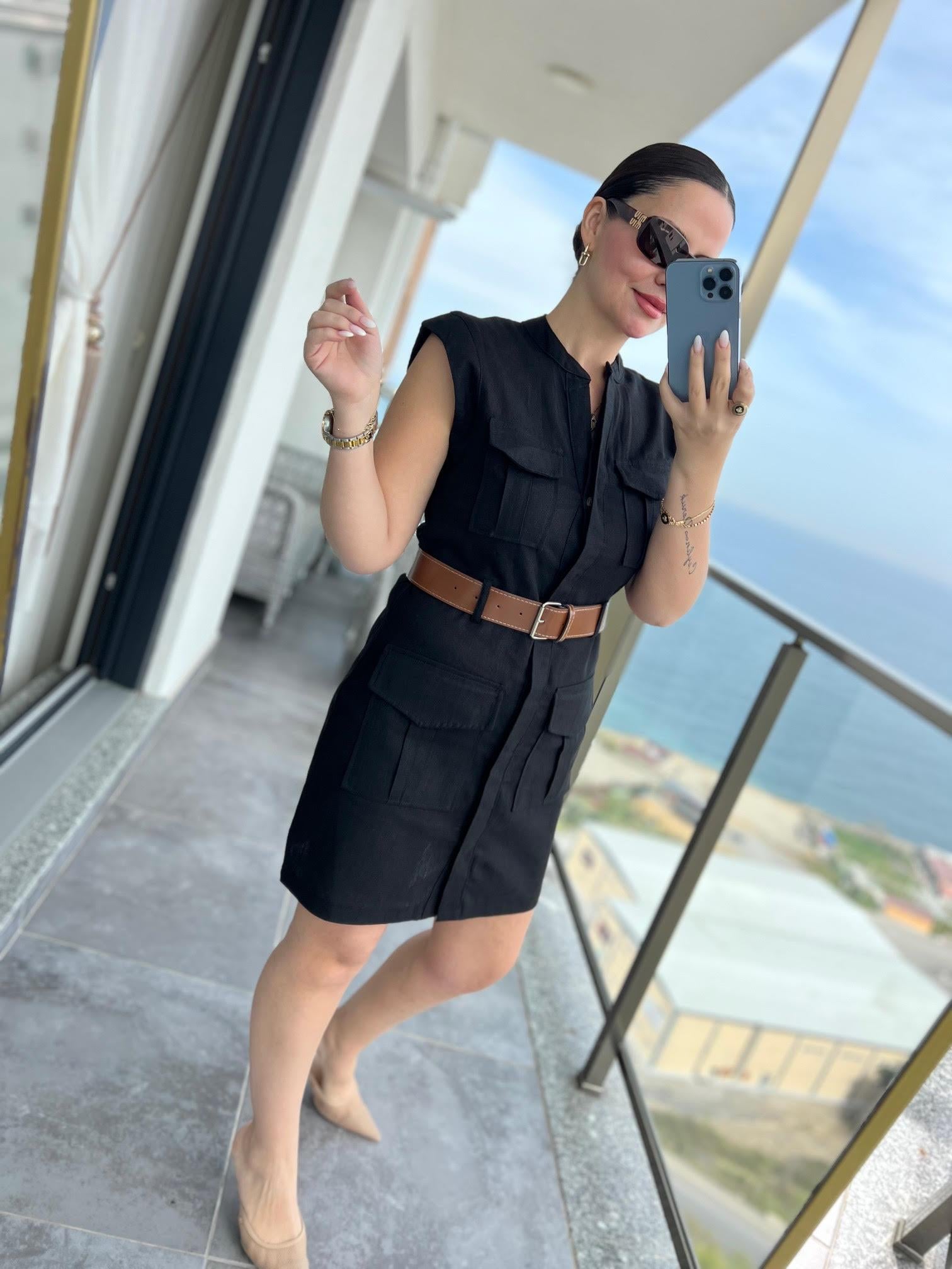 8100 Keten Safari Elbise SİYAH