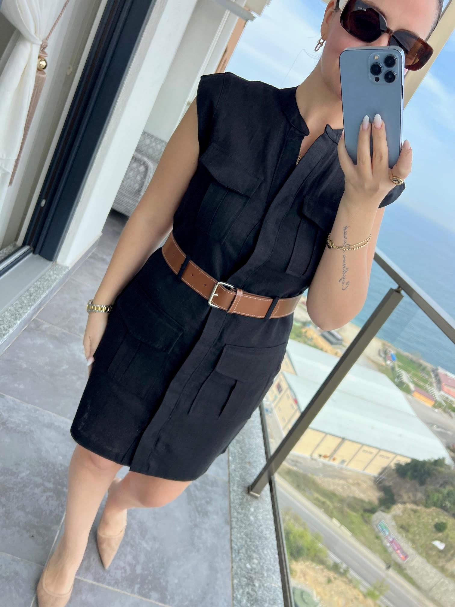 8100 Keten Safari Elbise SİYAH
