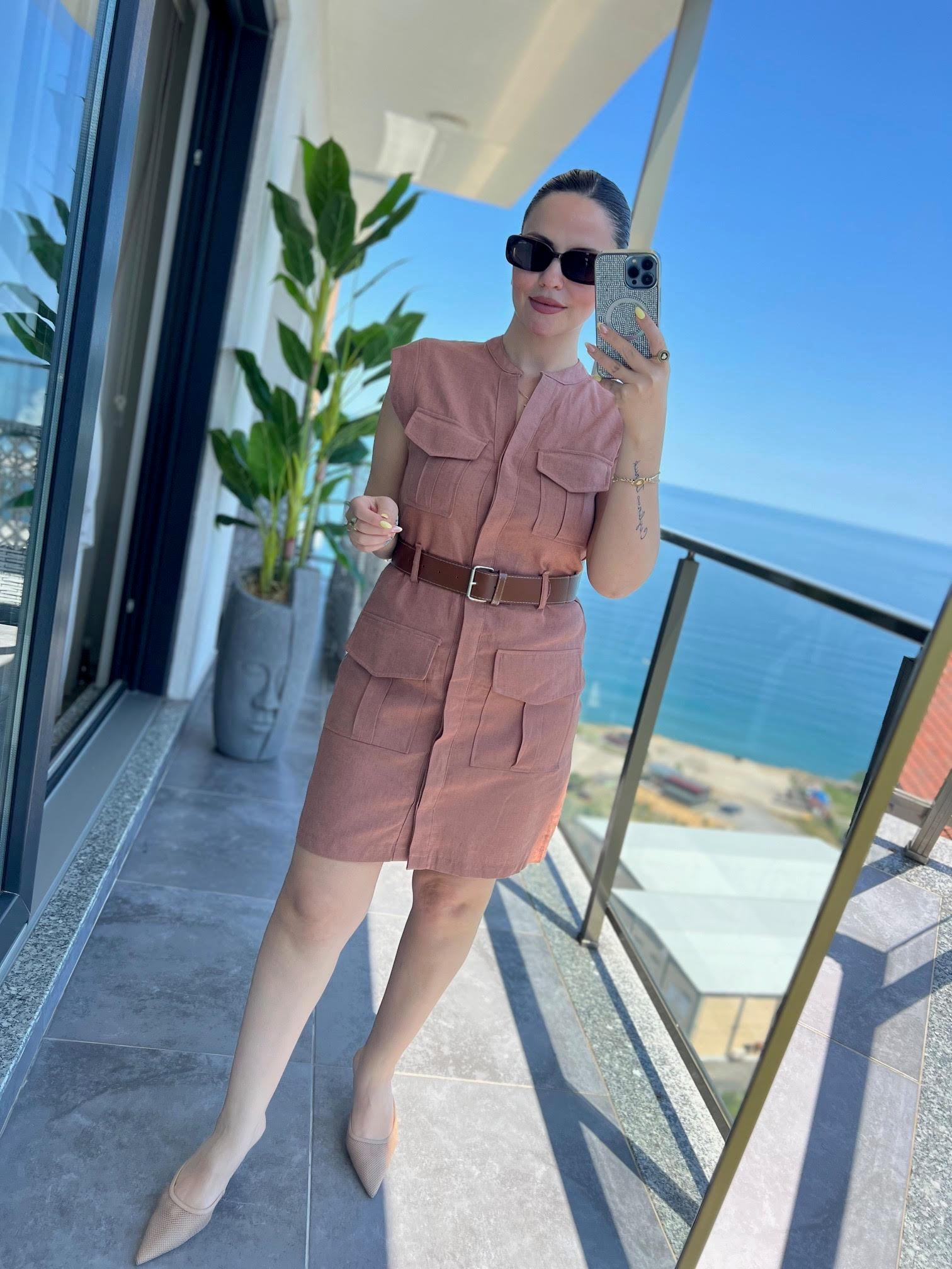 8100 Keten Safari Elbise TARÇIN
