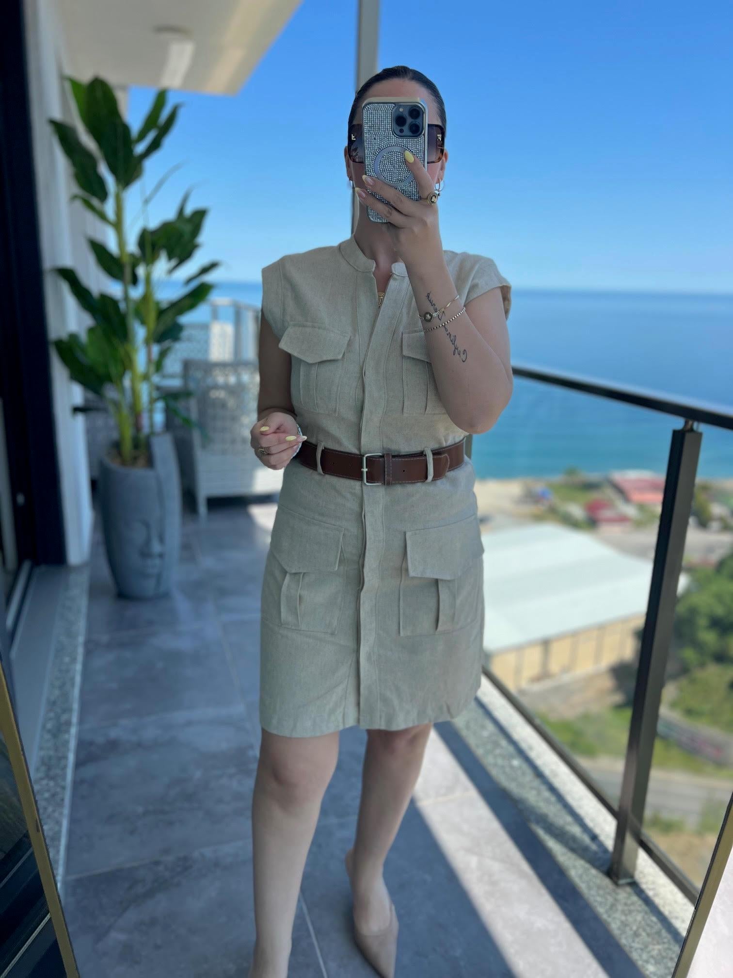 8100 Keten Safari Elbise TAŞ