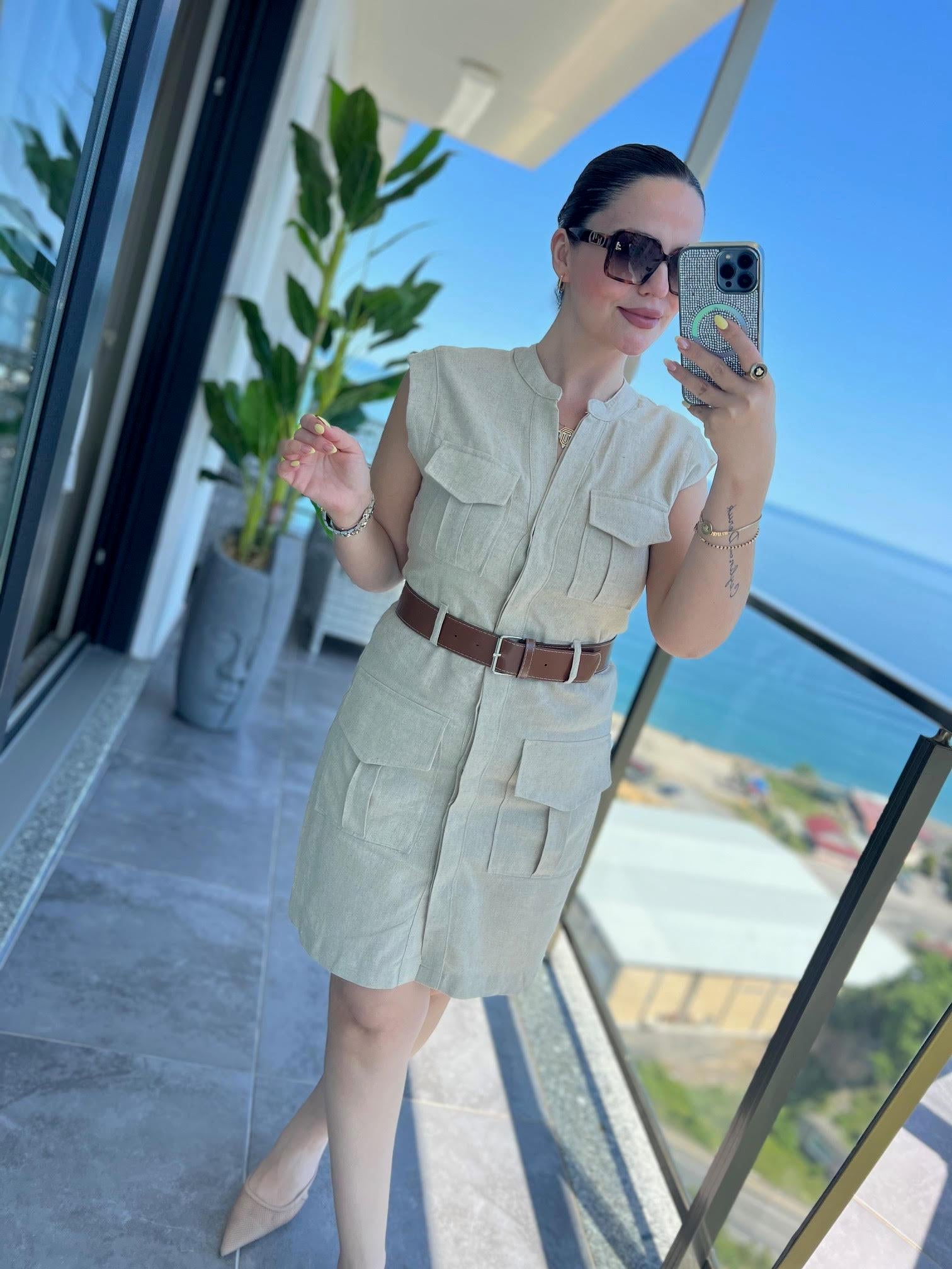 8100 Keten Safari Elbise TAŞ