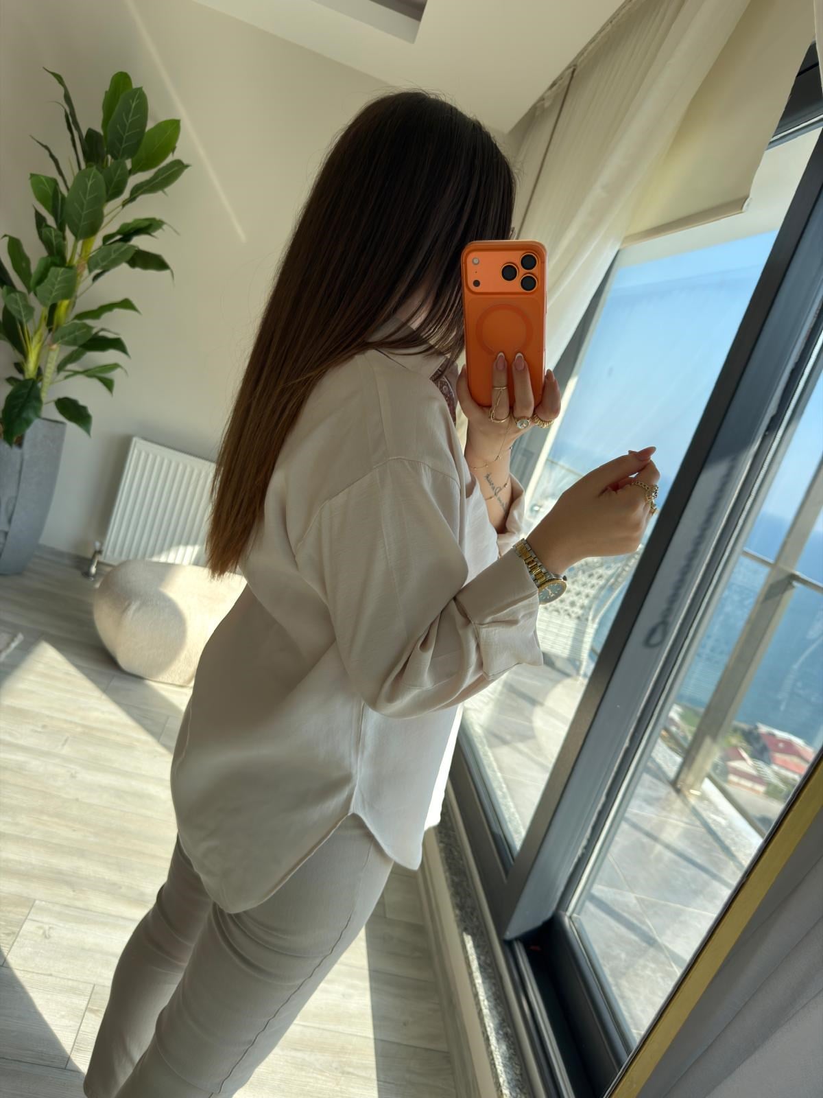 8410 Şal Flar Detaylı Gömlek BEJ