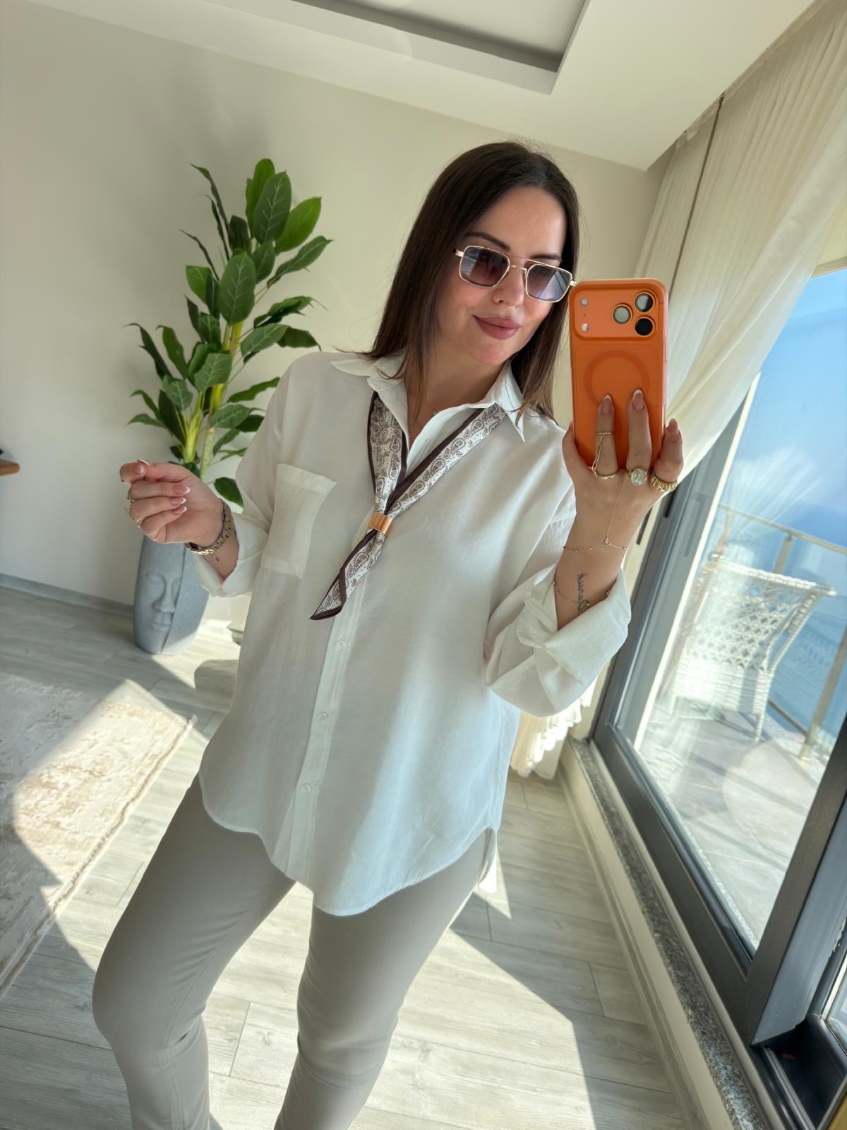 8410 Şal Flar Detaylı Gömlek EKRU
