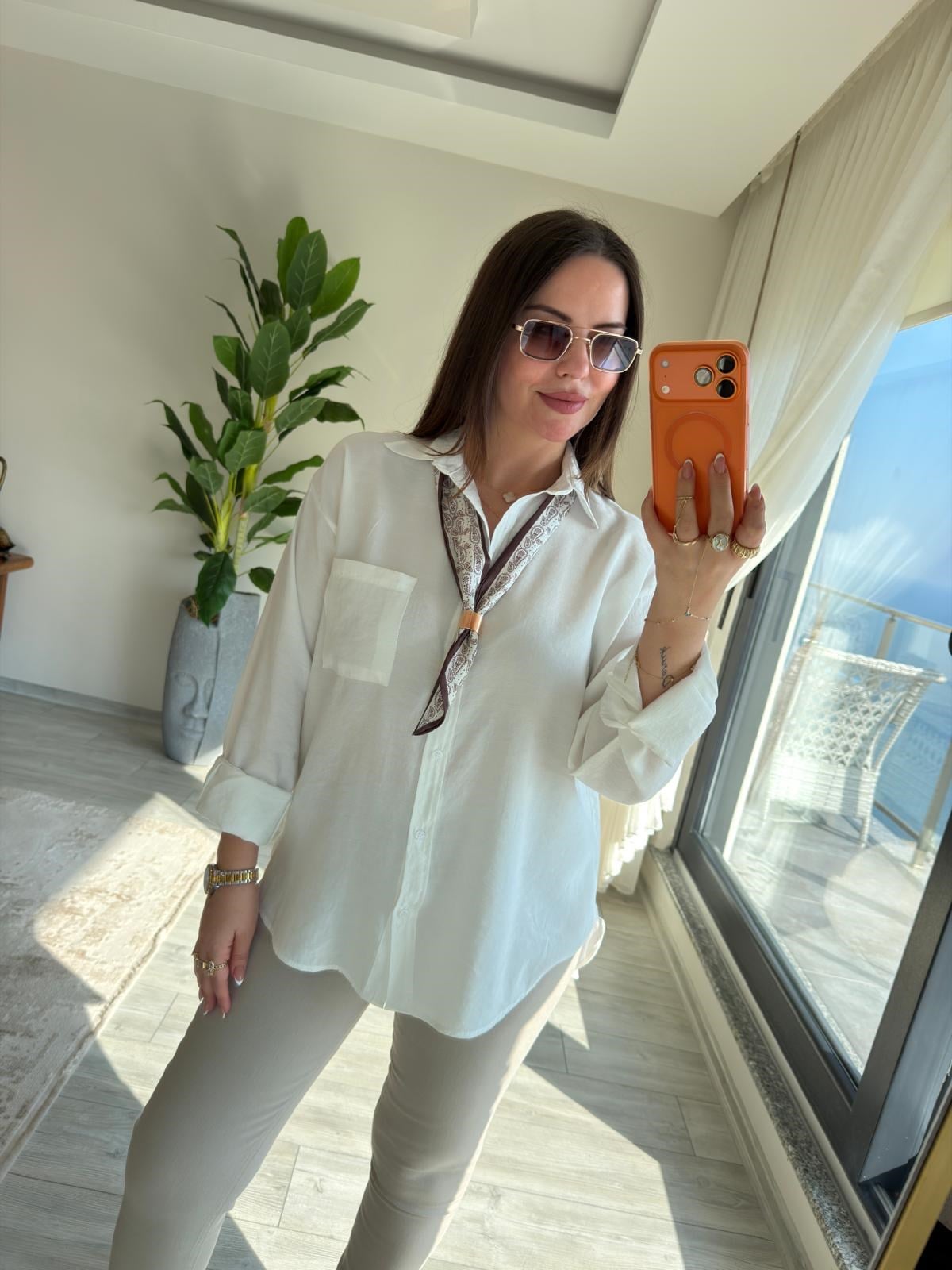 8410 Şal Flar Detaylı Gömlek EKRU