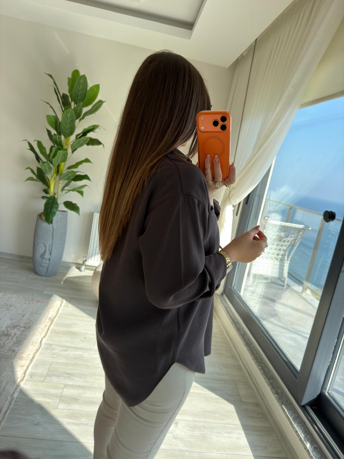 8410 Şal Flar Detaylı Gömlek KAHVE