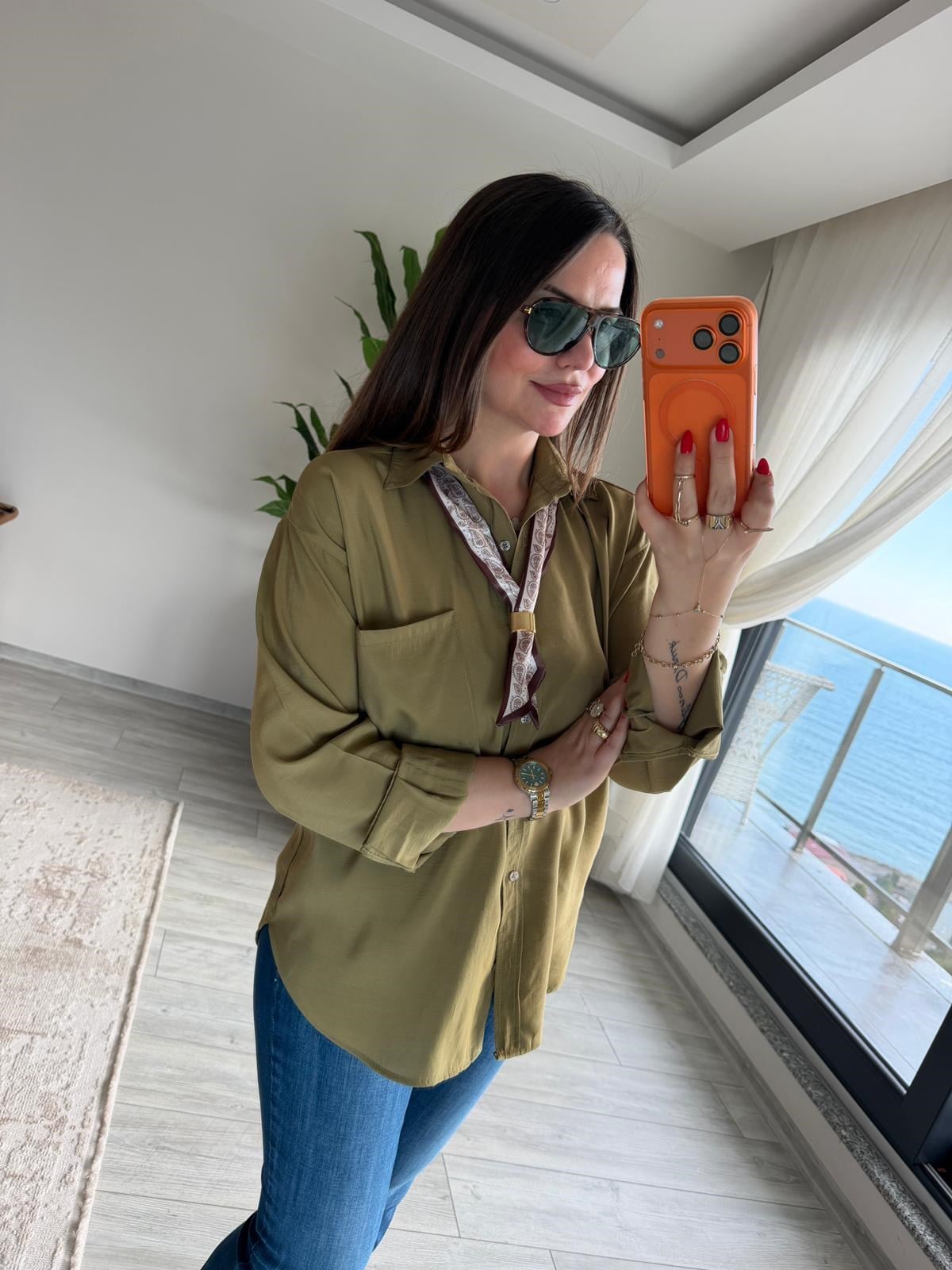 8410 Şal Flar Detaylı Gömlek olive